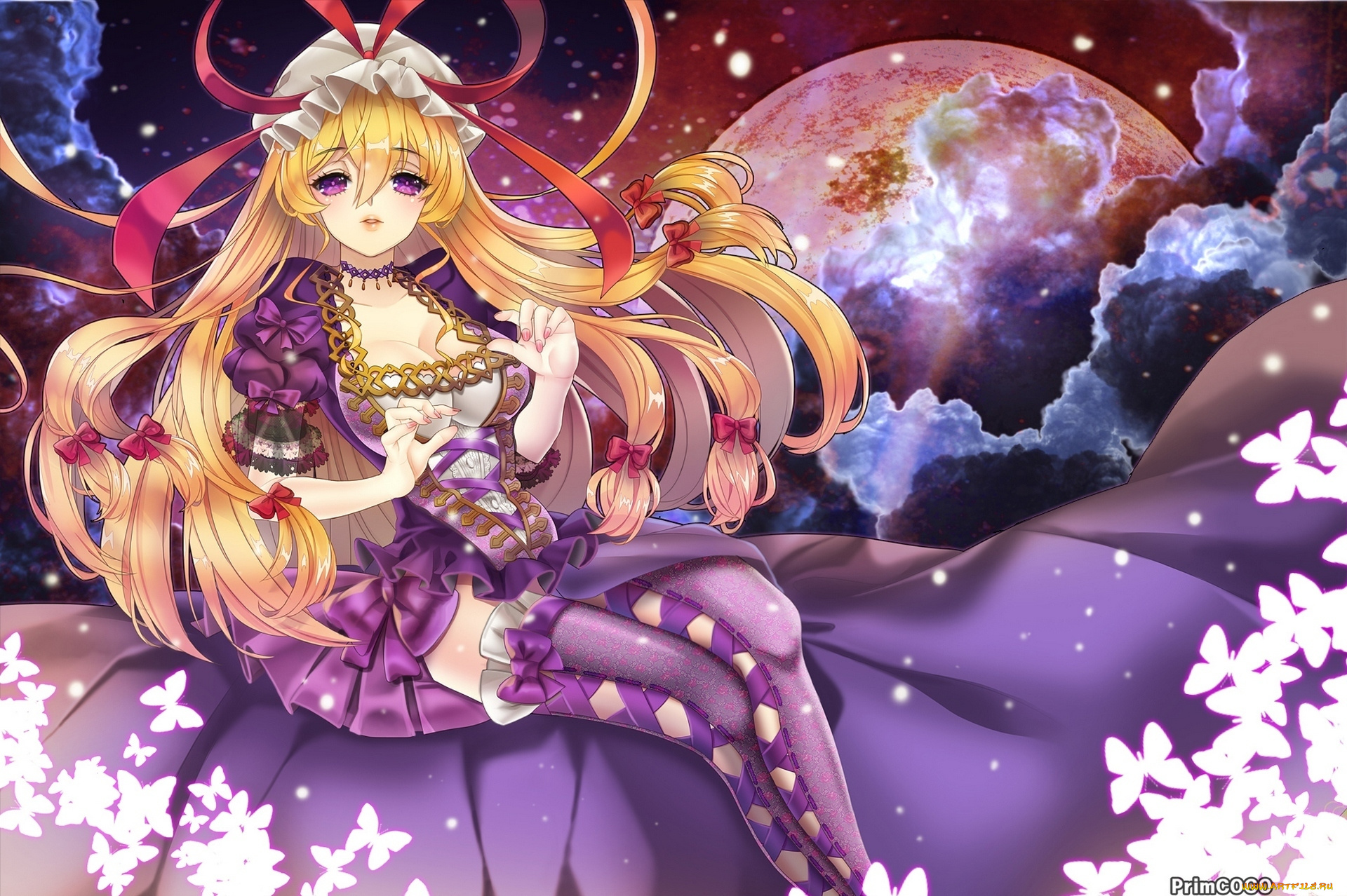 аниме, touhou, бабочки, полнолуние, платье, взгляд, жест, грудь, yakumo, yukari, девушка, primcoco, art