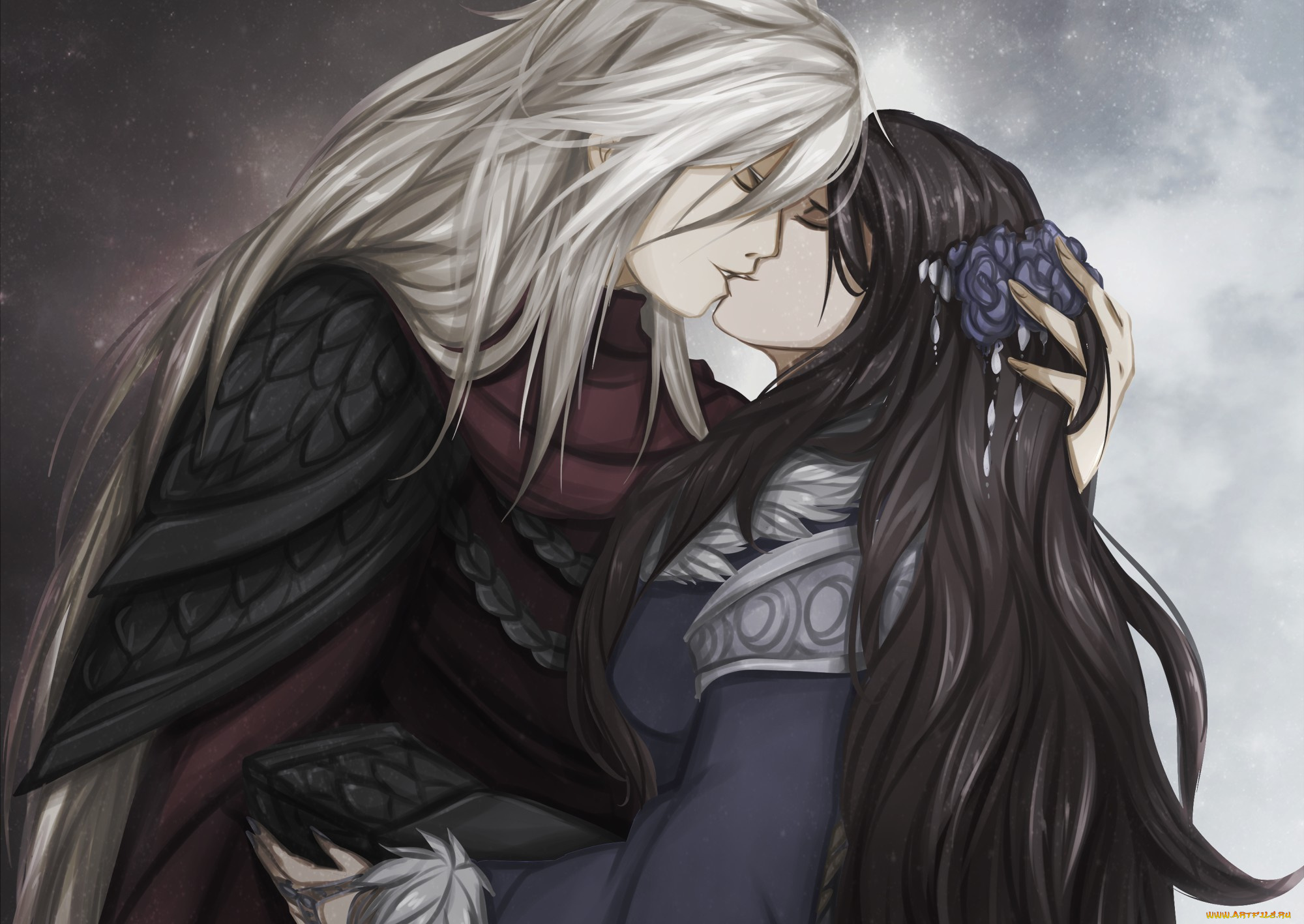 фэнтези, люди, арт, парень, девушка, поцелуй, длинные, волосы