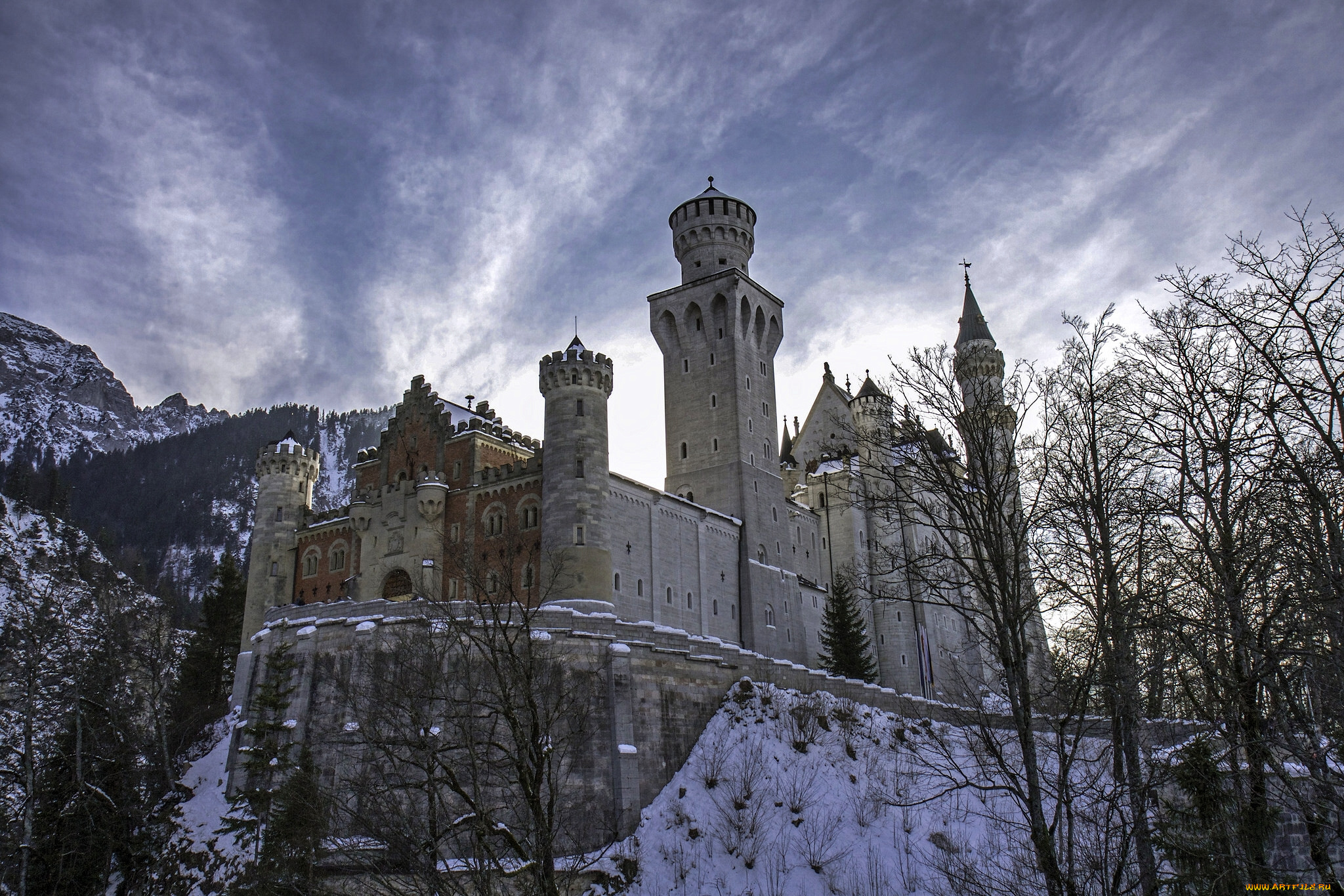 neuschwanstein, castle, , bavaria, , germany, города, замок, нойшванштайн, , германия, neuschwanstein, castle, germany, bavaria, зима, деревья, горы, бавария, замок, нойшванштайн