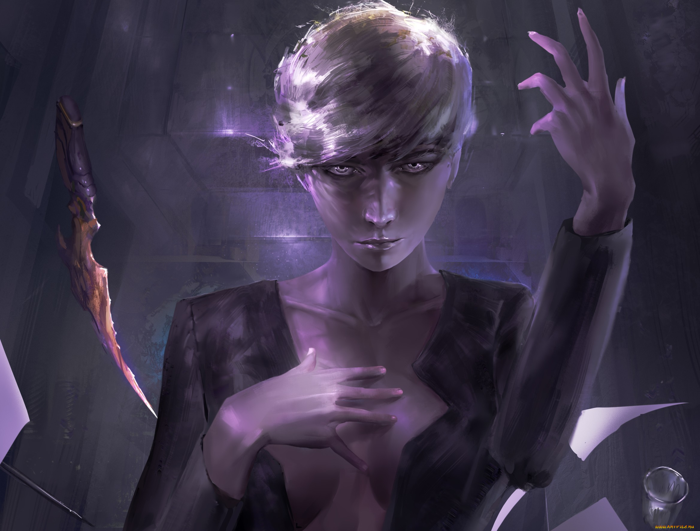 фэнтези, девушки, арт, девушка, декольте, рука, фантастика, предметы, телекинез