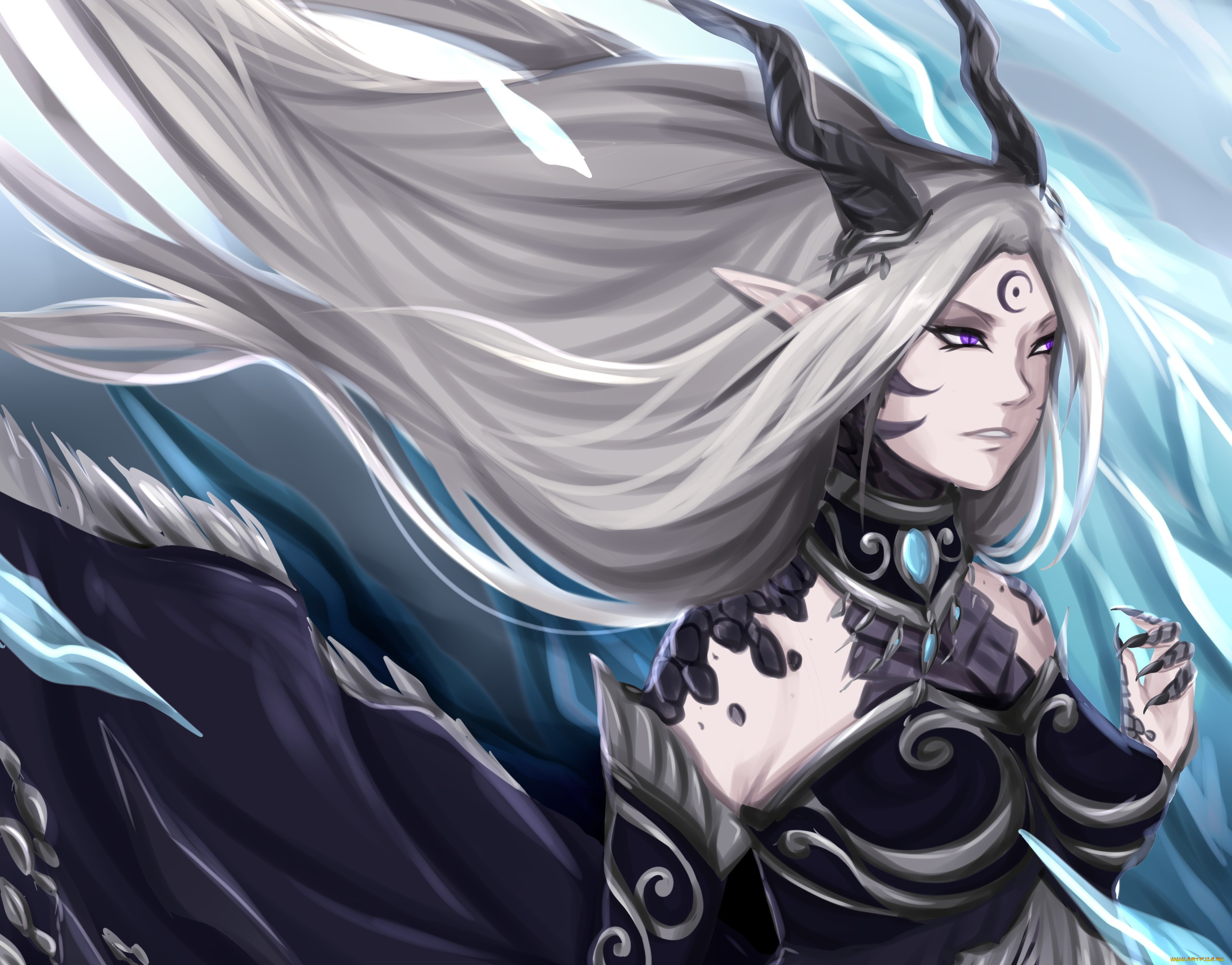 фэнтези, существа, арт, девушка, рога, волосы, когти, чешуя