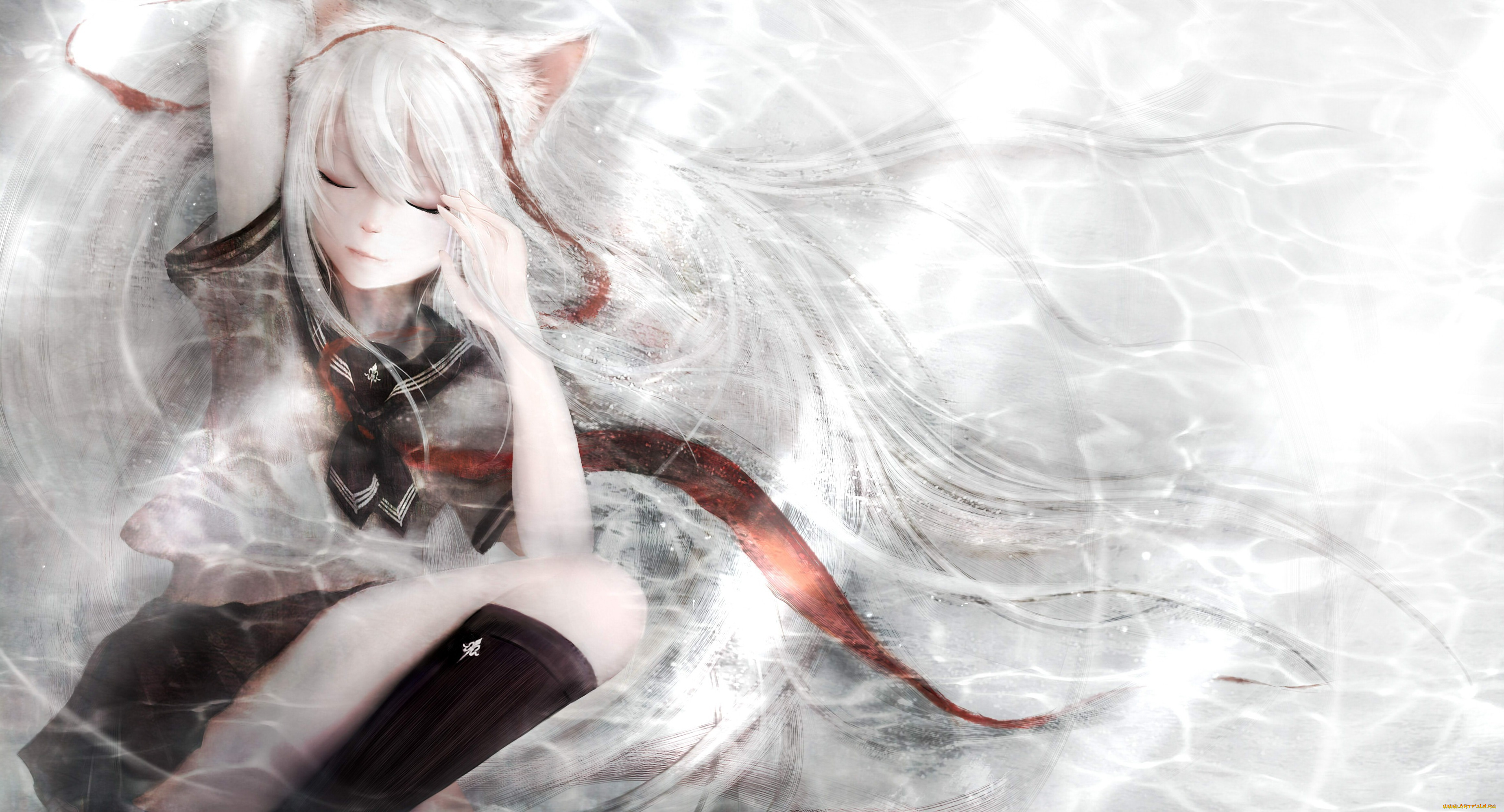 аниме, -animals, &, creatures, ушки, неко, улыбка, девушка, zhang, xiao, bo, art, матроска, волосы