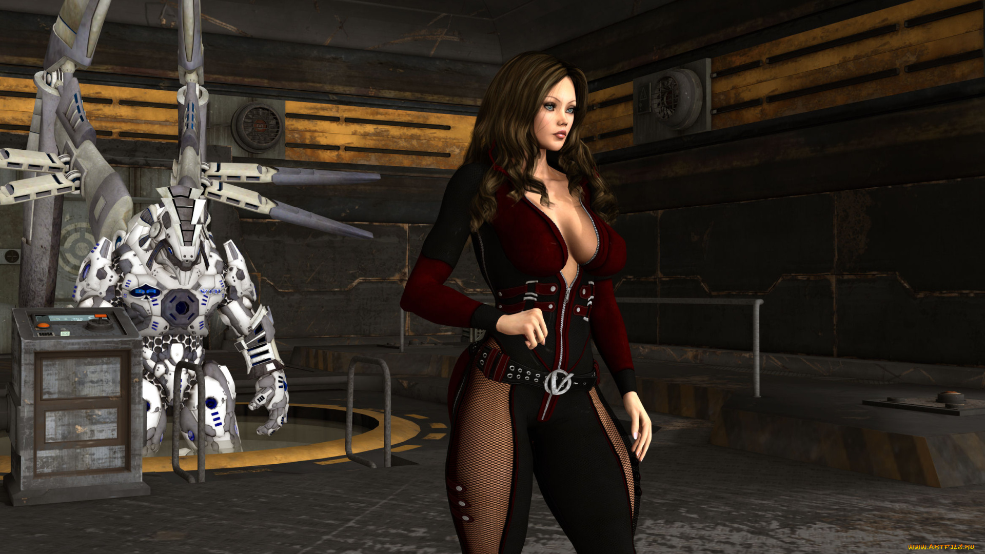 3д, графика, фантазия, , fantasy, девушка, взгляд, фон, робот