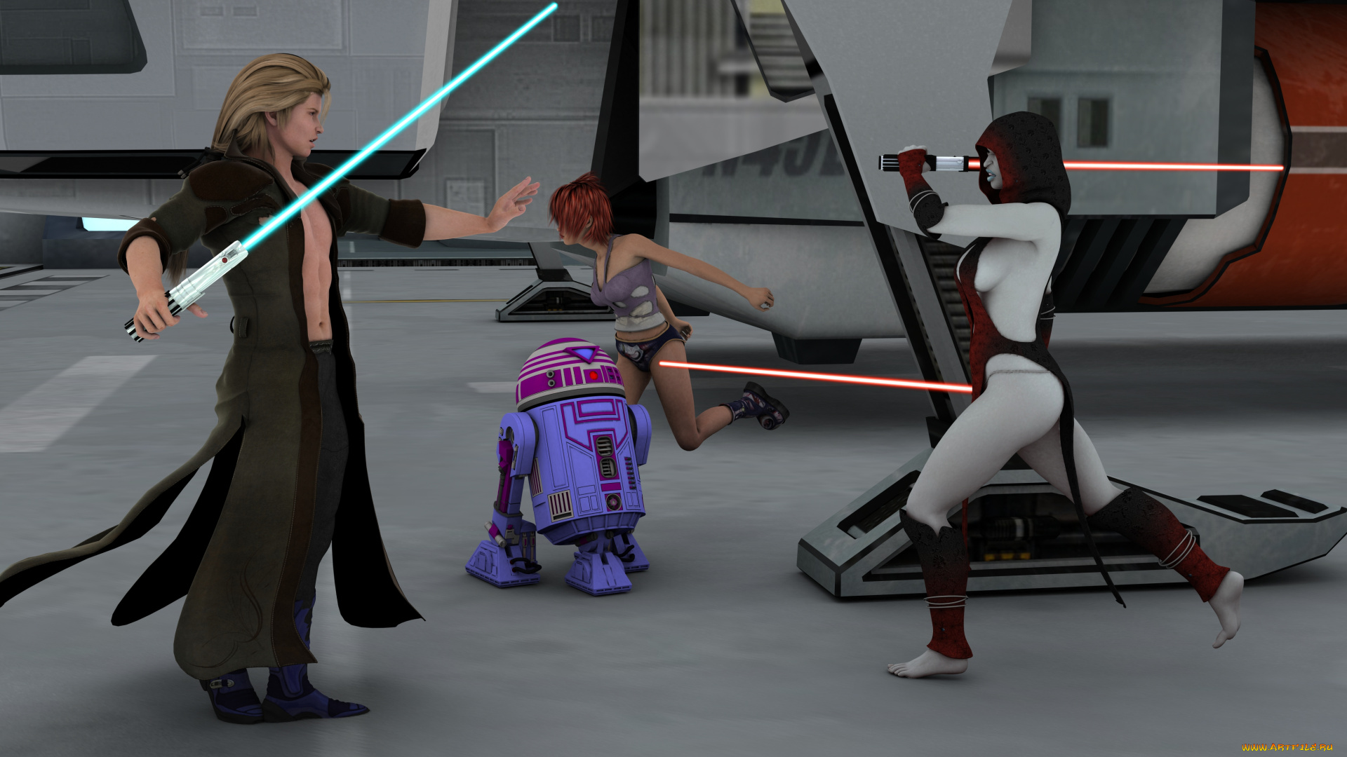 3д, графика, фантазия, , fantasy, девушки, взгляд, фон, оружие, парень, андроид