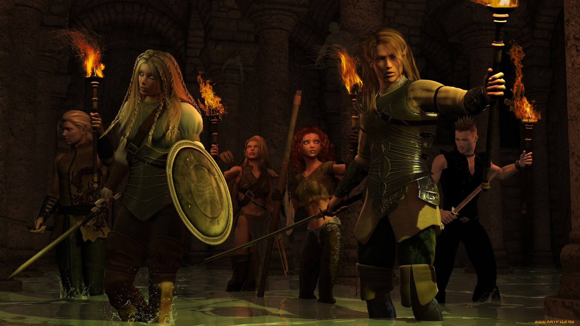 3д, графика, фантазия, , fantasy, люди, эльф, факелы, оружие, вода