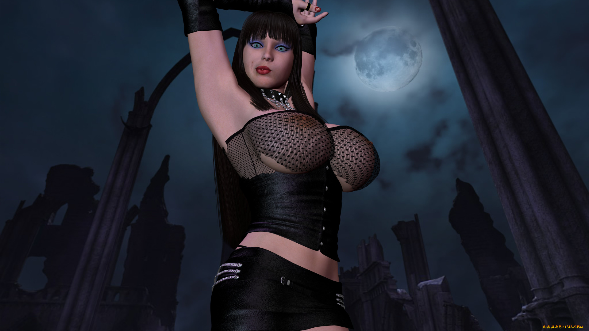 3д, графика, люди, , people, девушка, взгляд, фон, луна