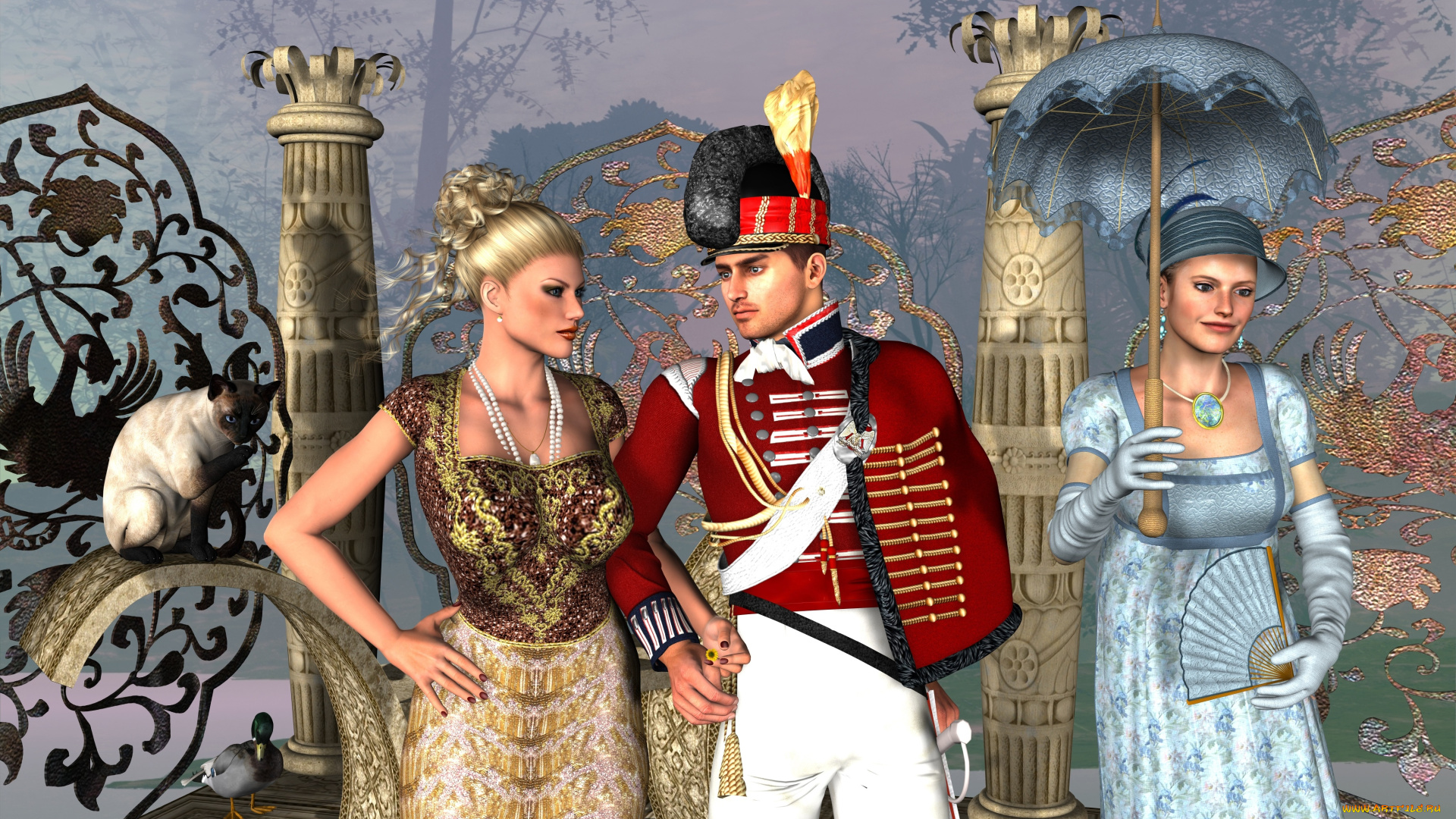 3д, графика, люди, , people, девушки, взгляд, фон, парень, кот, зонтик