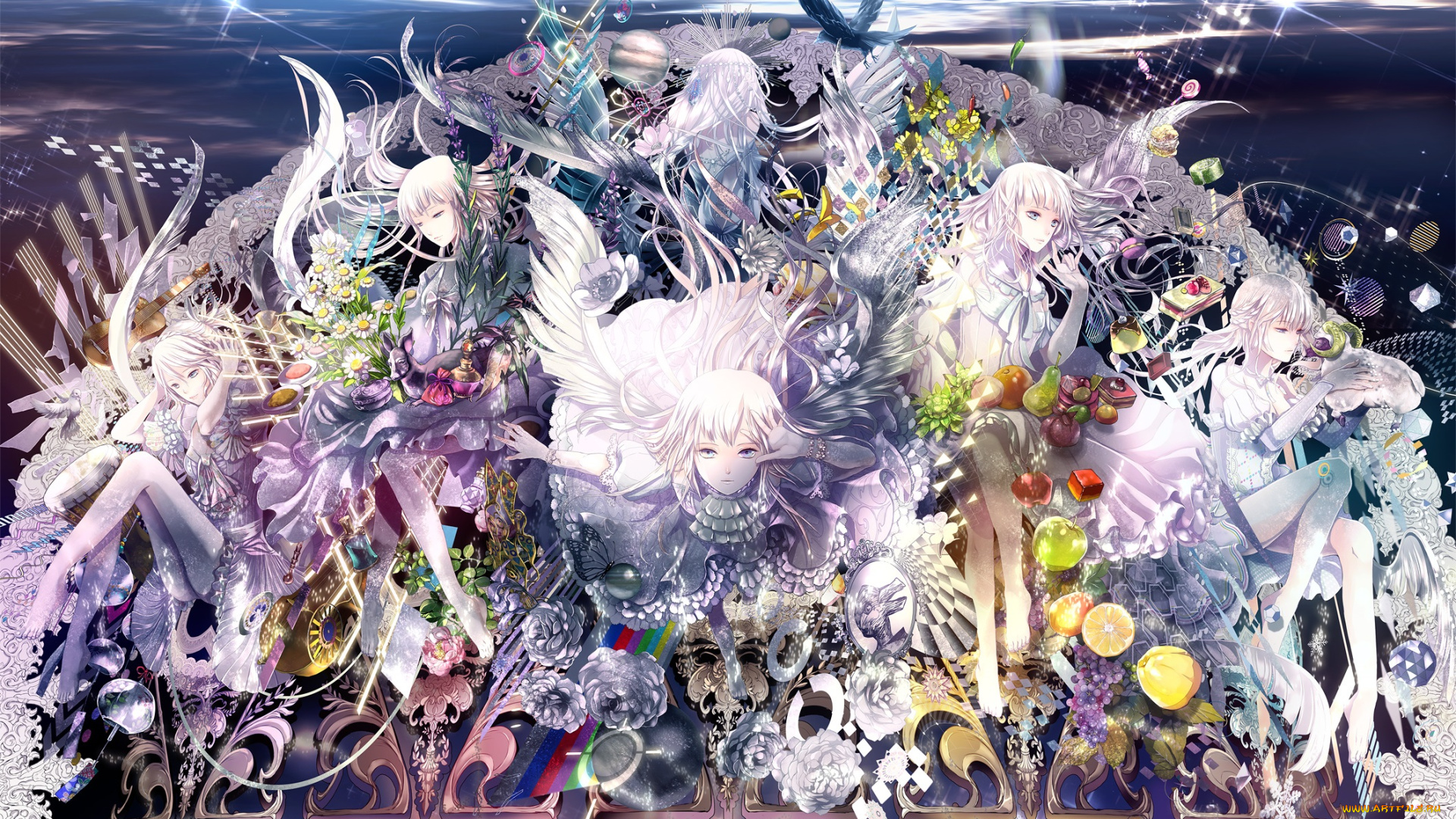 аниме, ангелы, , демоны, цветы, фрукты, девушки, арт, radu, блондинки
