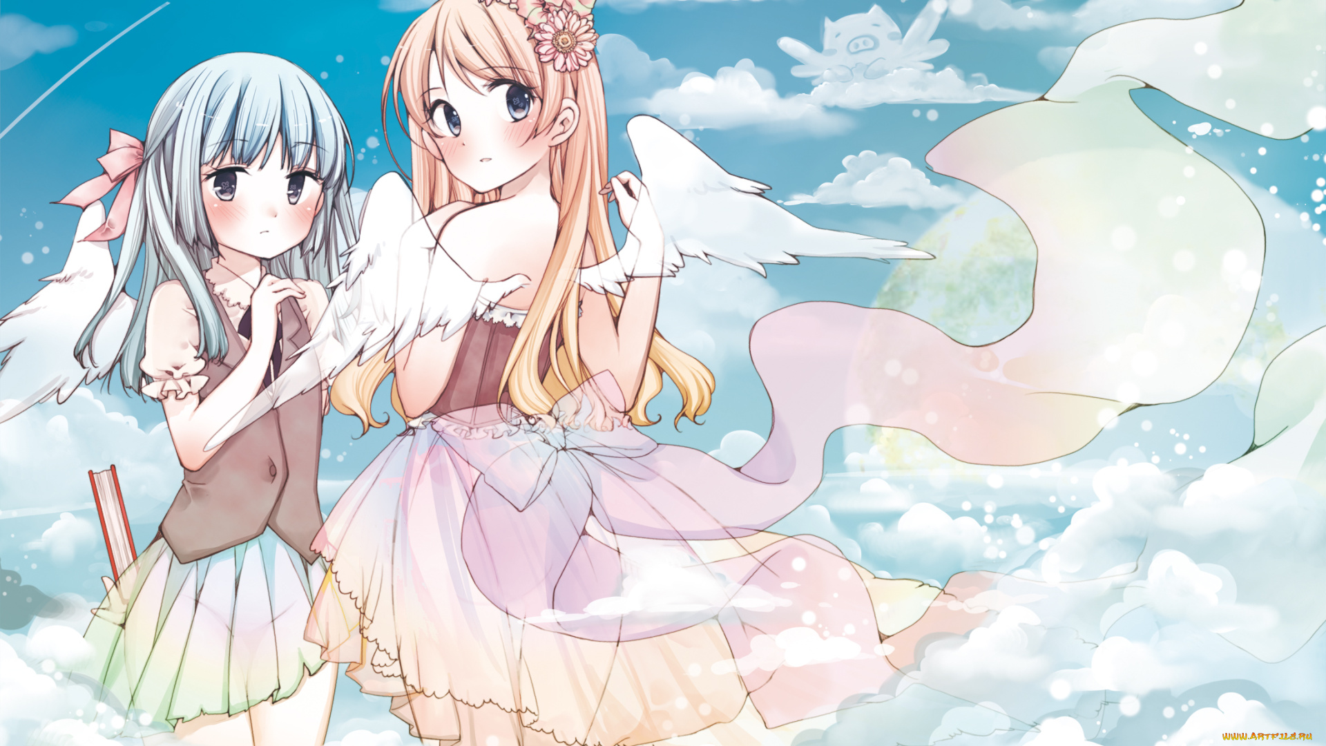 аниме, ангелы, , демоны, облака, девушки, арт, небо, tagme, artist