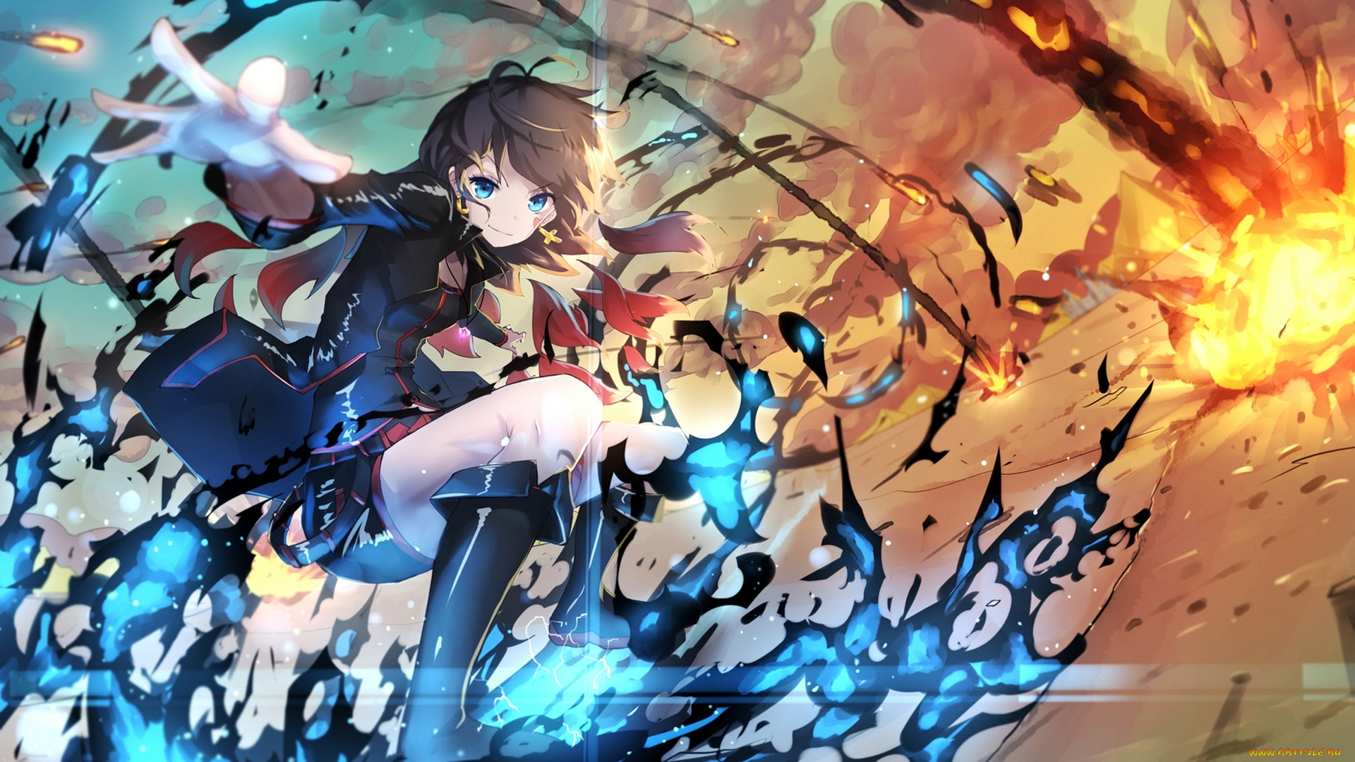 аниме, pixiv, fantasia, арт, bai, yemeng, pixiv, fantasia, tian, ling, qian, ye, девушка, магия, закат, небо, облака, улыбка