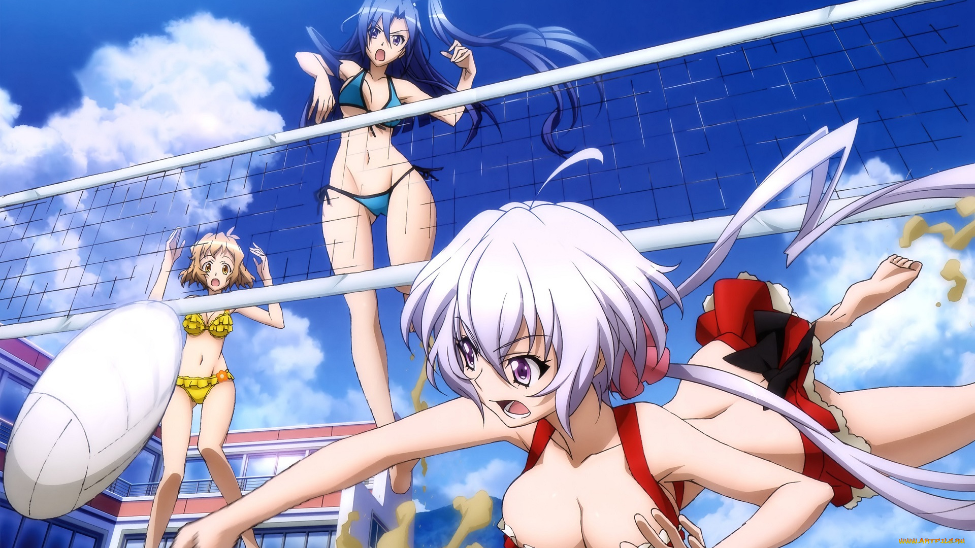 аниме, senki, zesshou, symphogear, senki, zesshou, symphogear, сетка, волейбол, kazanari, tsubasa, sai, fumihide, yukine, chris, tachibana, hibiki, девушки, арт, лето, игра, небо