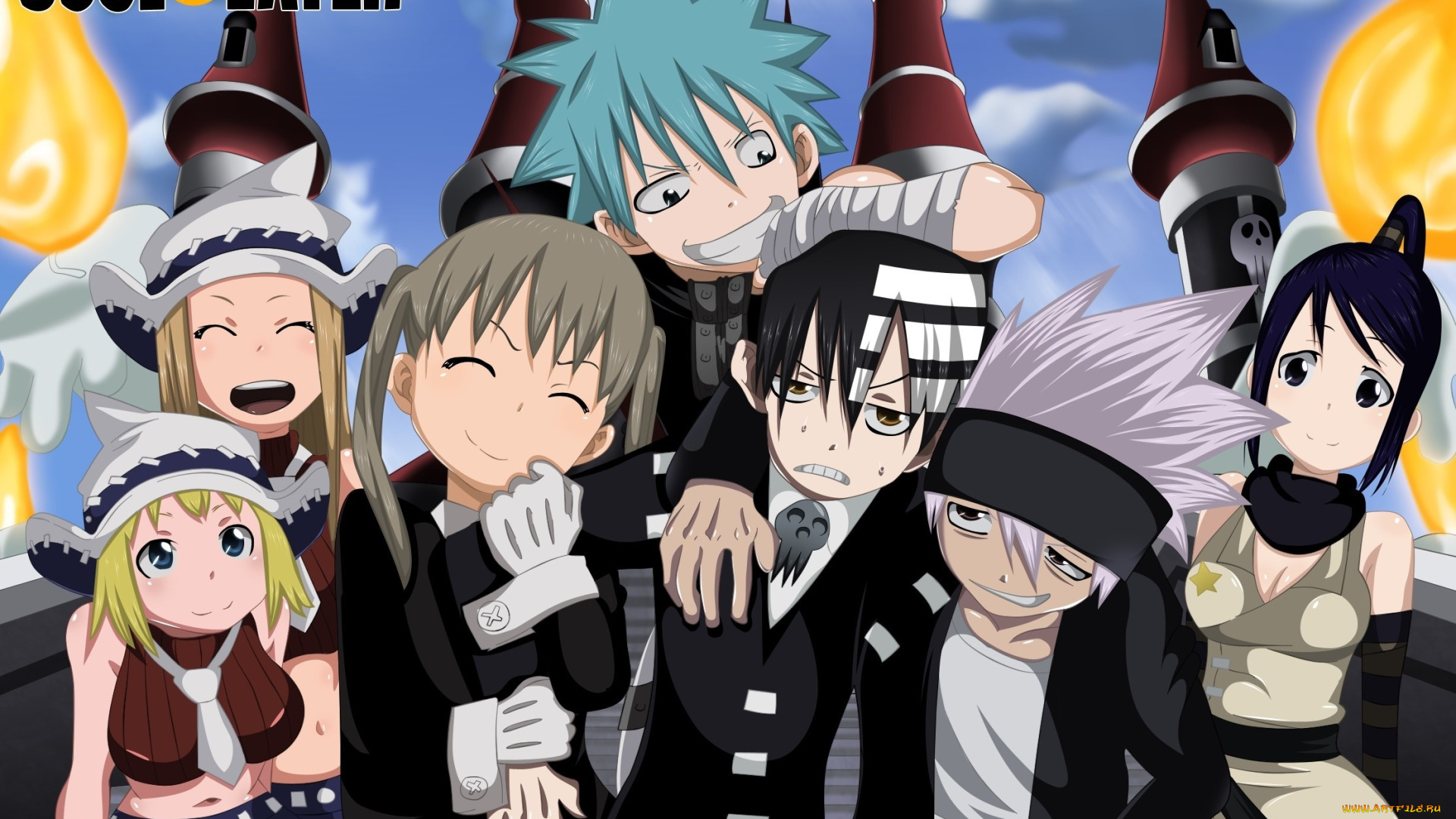 аниме, soul, eater, patricia, thompson, elizabeth, nakatsukasa, tsubaki, maka, albarn, black, star, soul, eater, evans, девушки, death, the, kid, взгляд, парни, фон