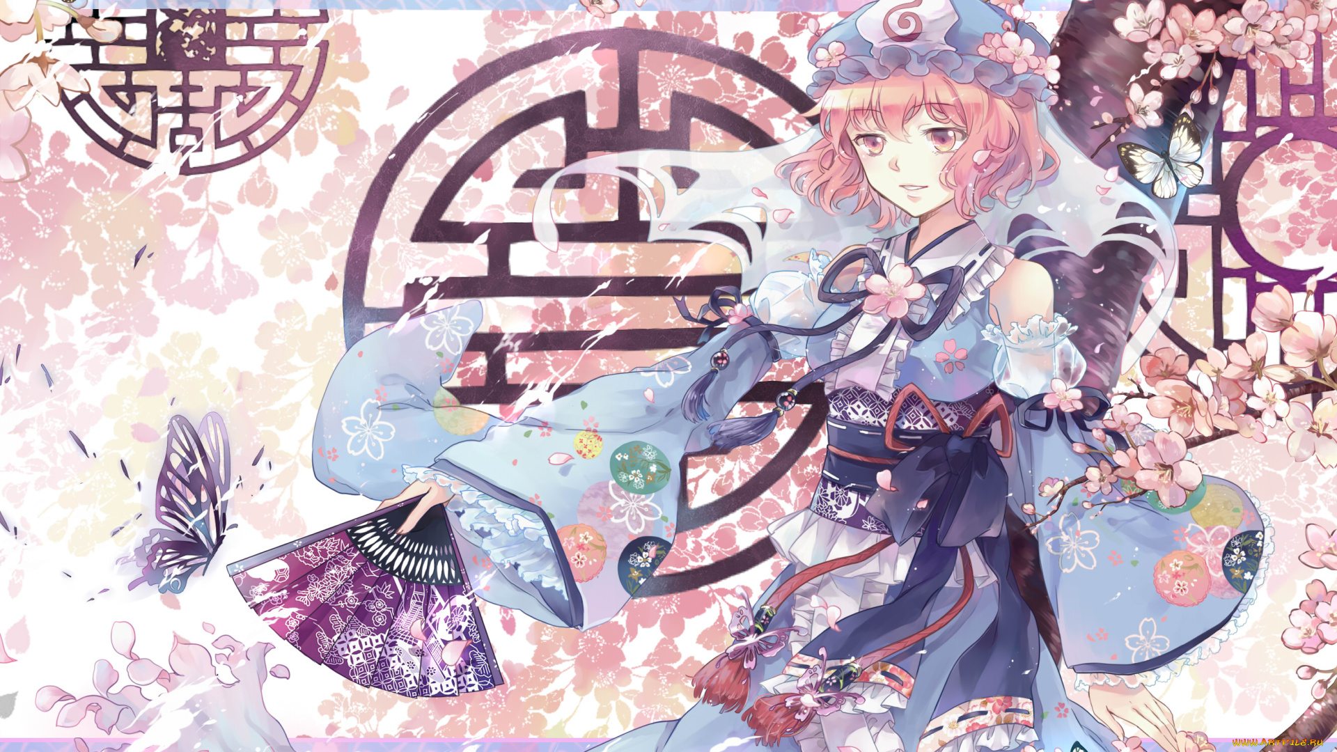 аниме, touhou, девушка, веер, арт, ekira, nieto, saigyouji, yuyuko, цветы