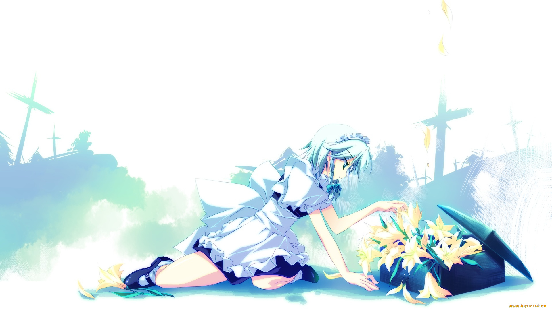 аниме, touhou, izayoi, sakuya, motomiya, mitsuki, цветы, лилии, арт, девушка