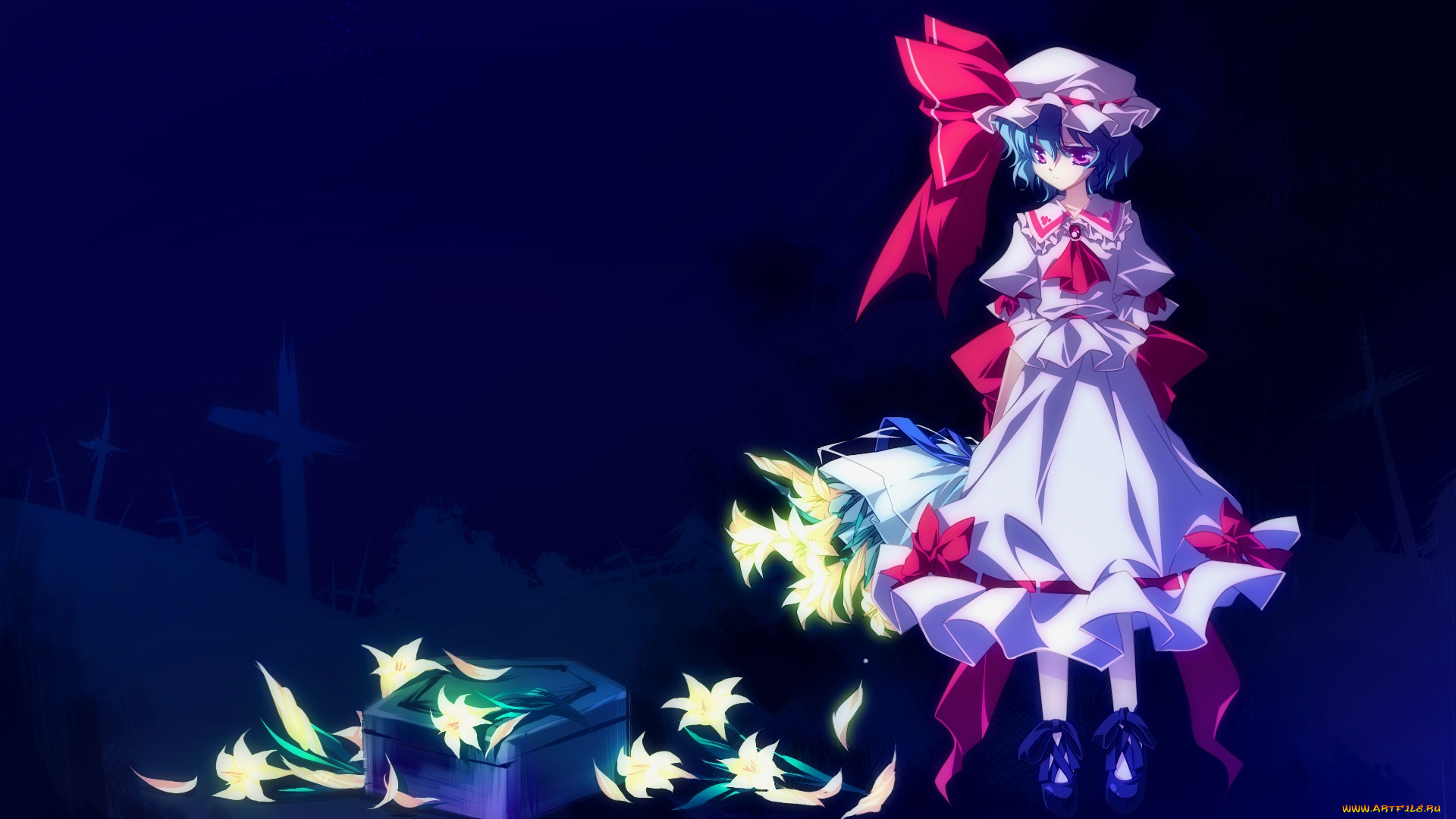 аниме, touhou, remilia, scarlet, motomiya, mitsuki, цветы, лилии, арт, девушка