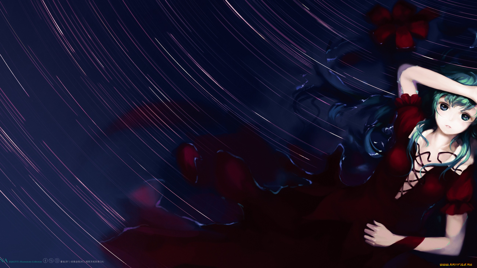 аниме, touhou, вода, девушка, взгляд, kagiyama, hina, арт, jq, ночь, красное, платье