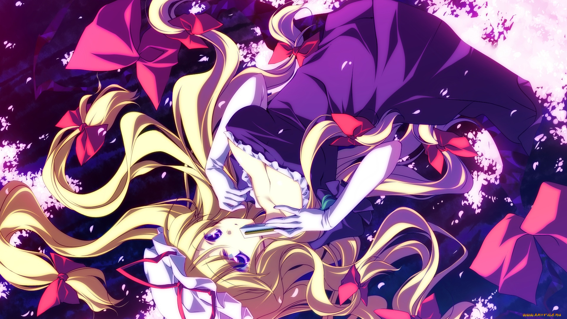 аниме, touhou, yakumo, yukari, motomiya, mitsuki, арт, девушка, лепестки, платье