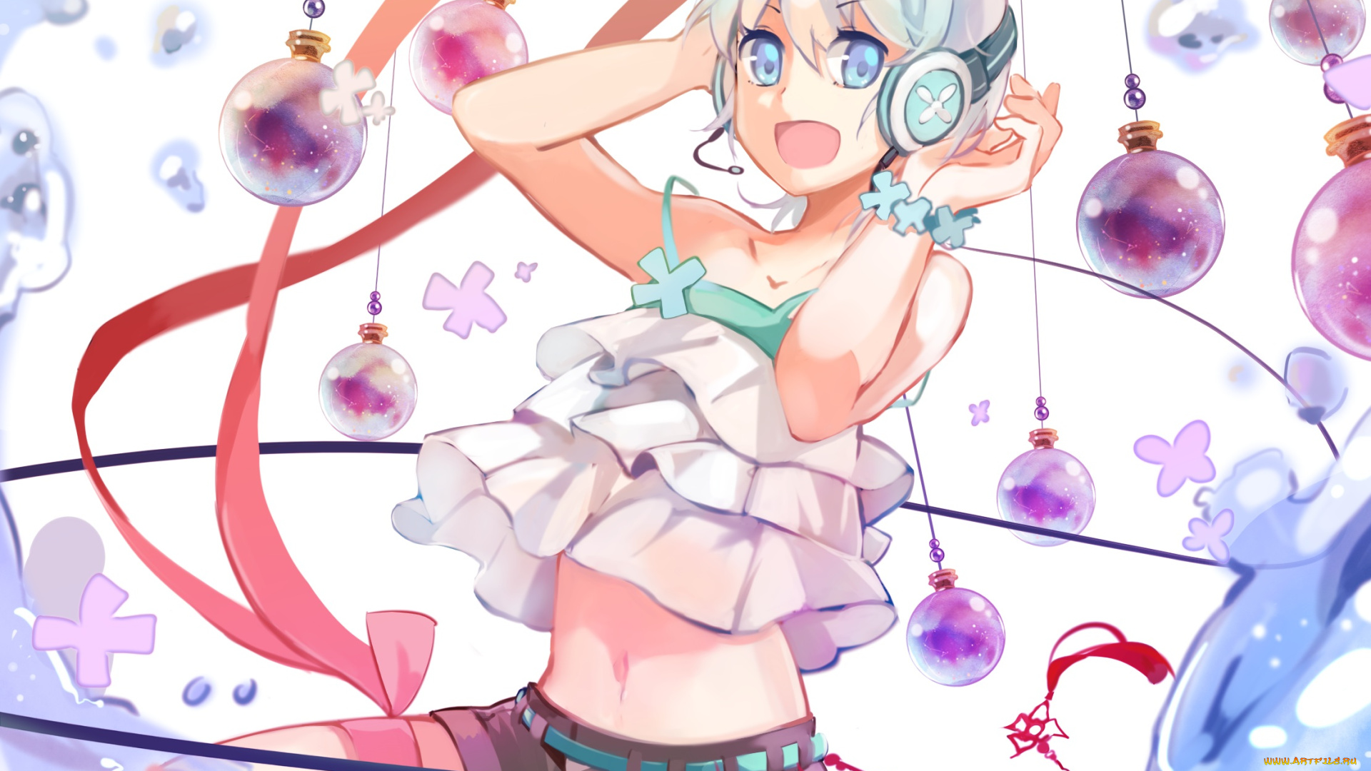 аниме, vocaloid, арт, девушка, наушники, шары