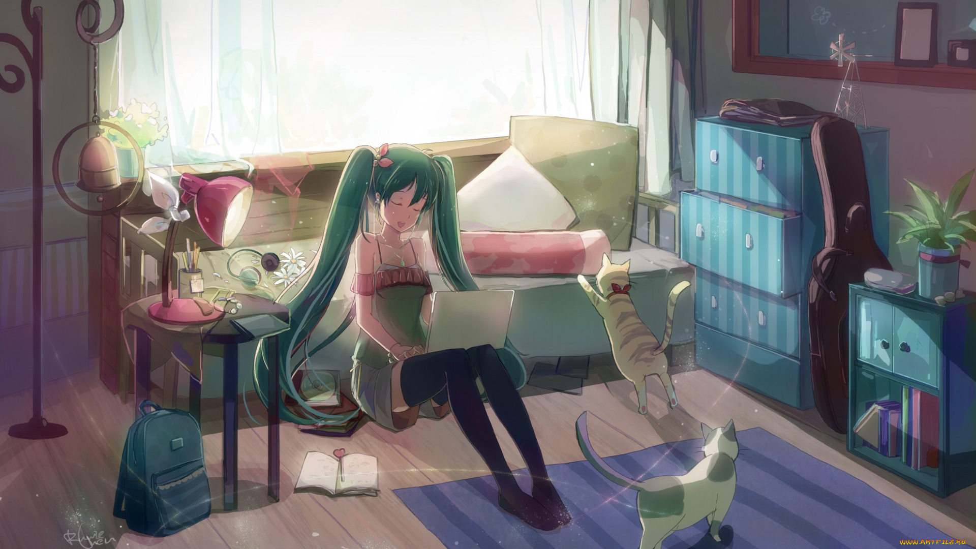 аниме, vocaloid, арт, shadowsinking, ноутбук, лампа, комната, коты, hatsune, miku, девушка, свет