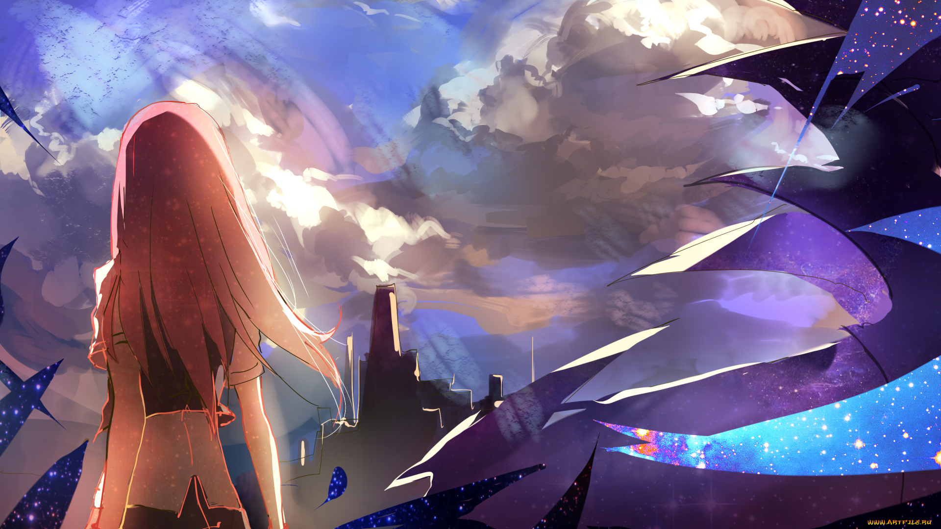 аниме, vocaloid, девушка, арт, megurine, luka, закат, облака, небо, вокалоид