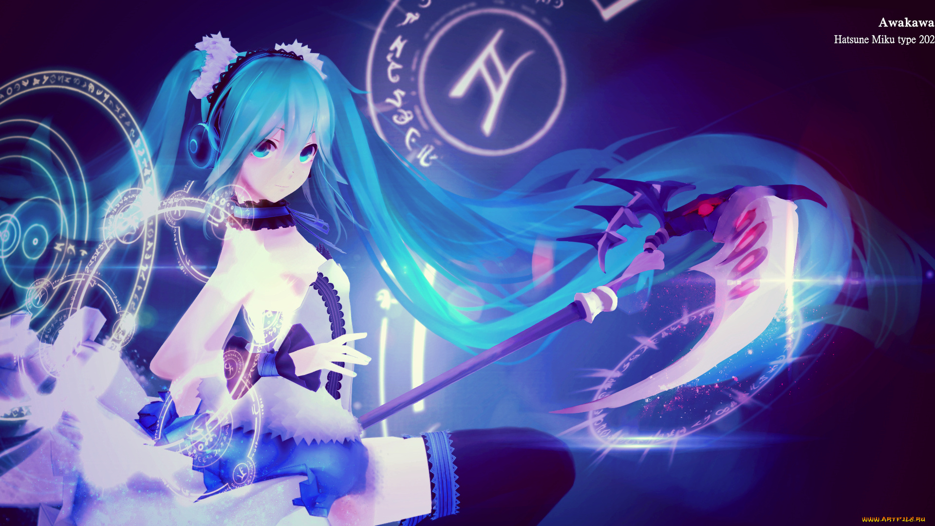 аниме, vocaloid, hatsune, miku, магия, арт, awakawayui, девушка, коса, оружие