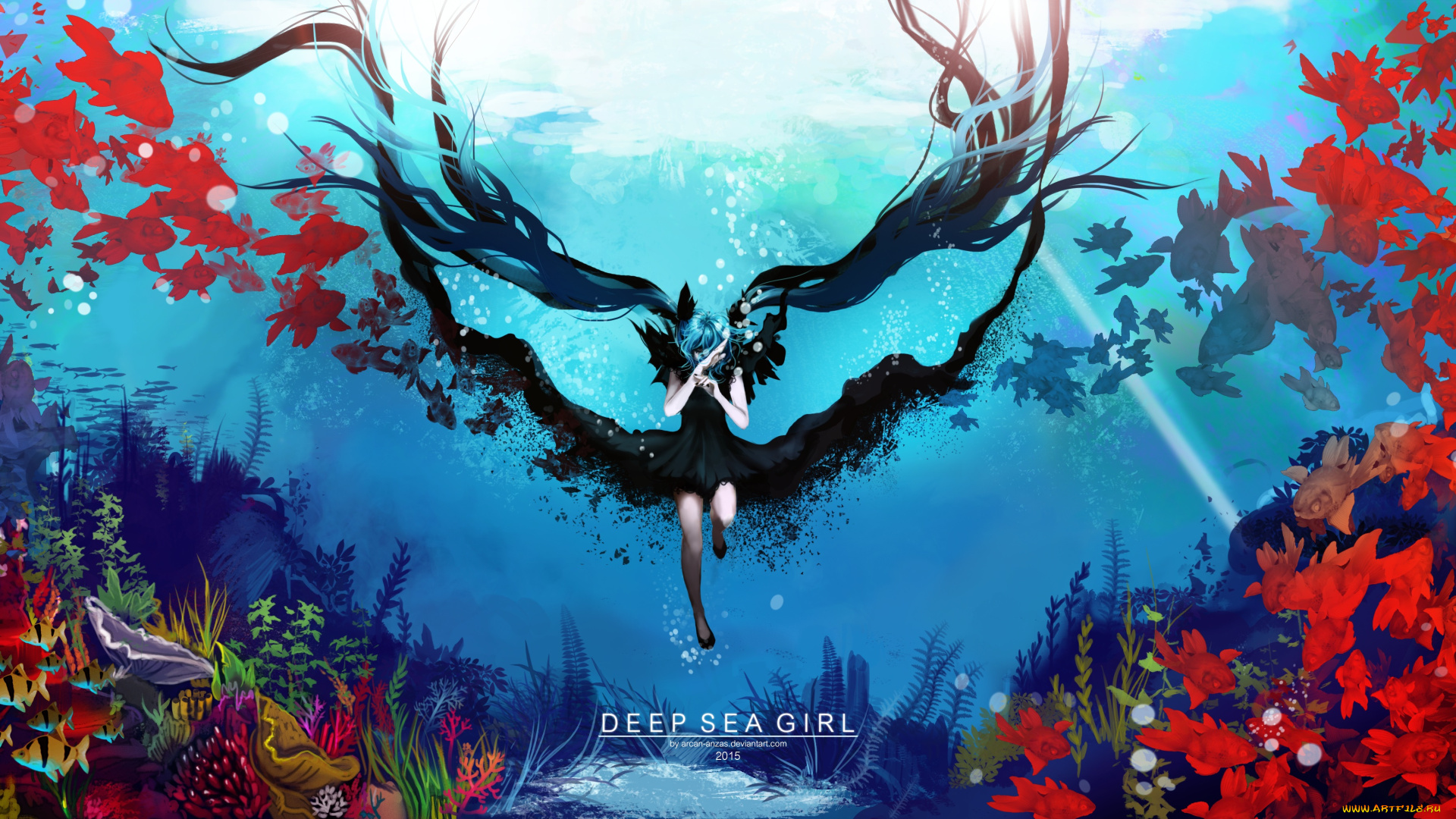 аниме, vocaloid, вода, дно, рыбы, пузырьки, коралловый, риф, арт, arcan-anzas, hatsune, miku, океан, волосы, чёрное, платье, девушка