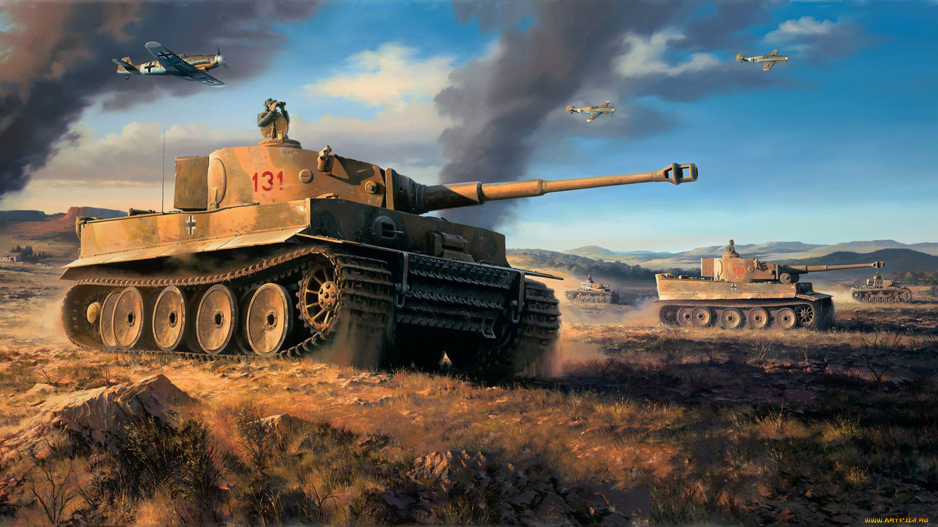 рисованное, армия, танк, nicolas, trudgian, северная, африка, pz-kpfw-, vi, тяжелый, tiger, тигр