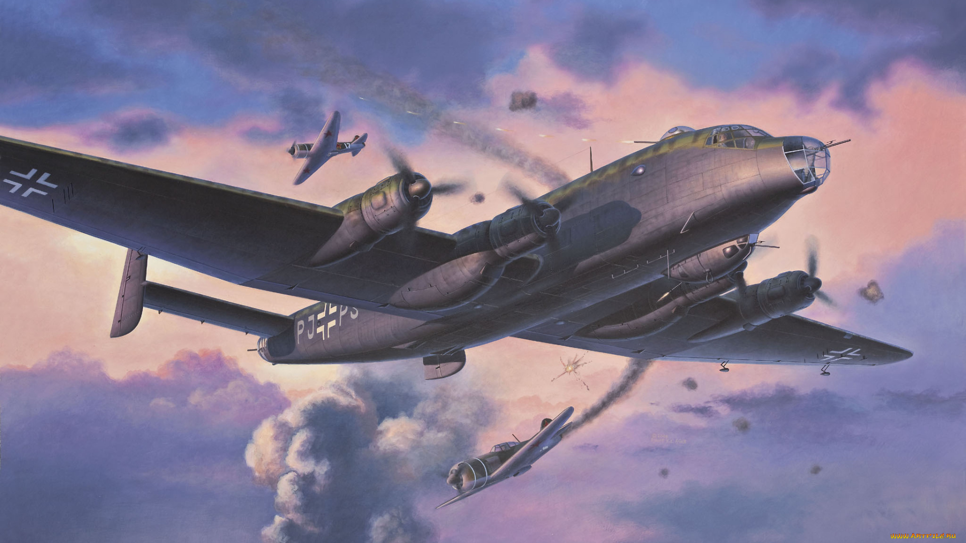 рисованное, авиация, разведчик, бомбардировщик, война, тяжёлый, поршневой, четырёхмоторный, немецкий, ju, 290, юнкерс, junkers, небо, истребитель, одномоторный, советский, лавка, ла-7, лавочкин