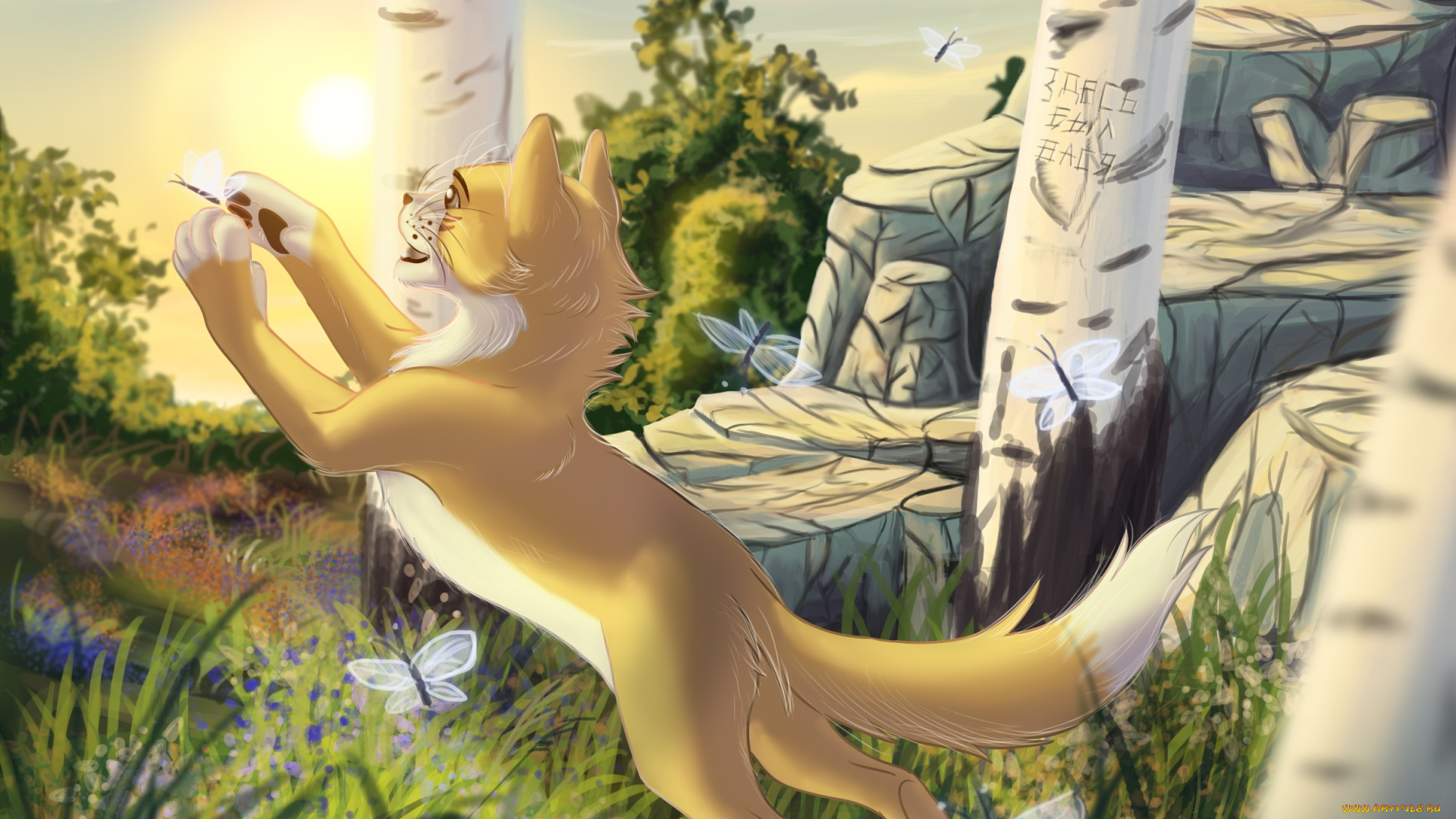 рисованное, животные, , коты, лес, кот, бабочки, игра