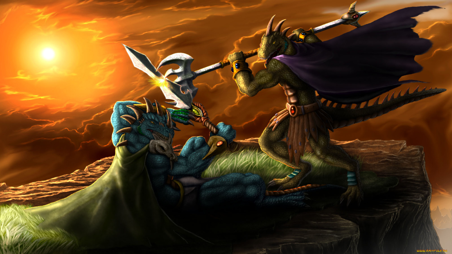 рисованное, животные, , сказочные, , мифические, закат, фон, драконы