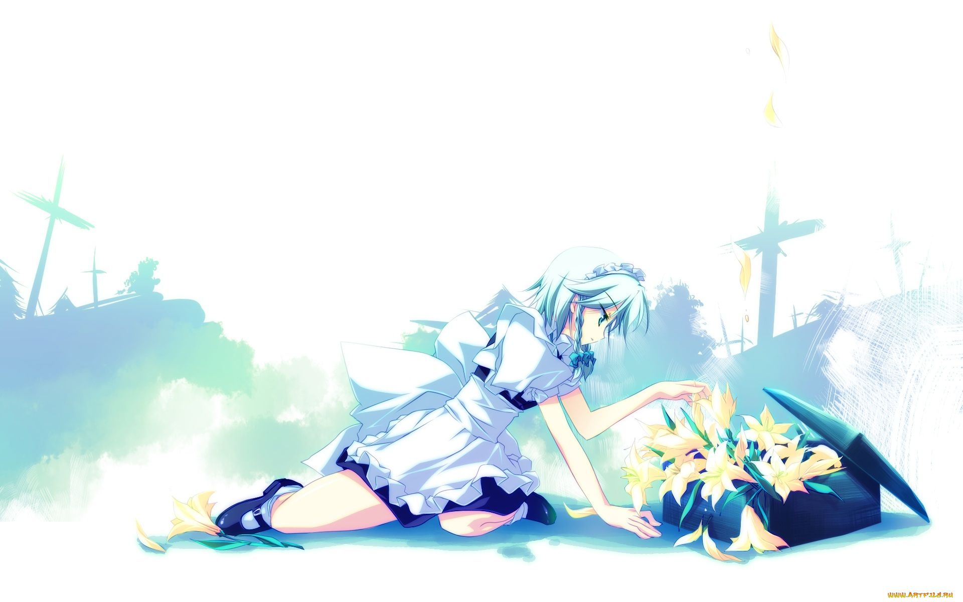 аниме, touhou, izayoi, sakuya, motomiya, mitsuki, цветы, лилии, арт, девушка