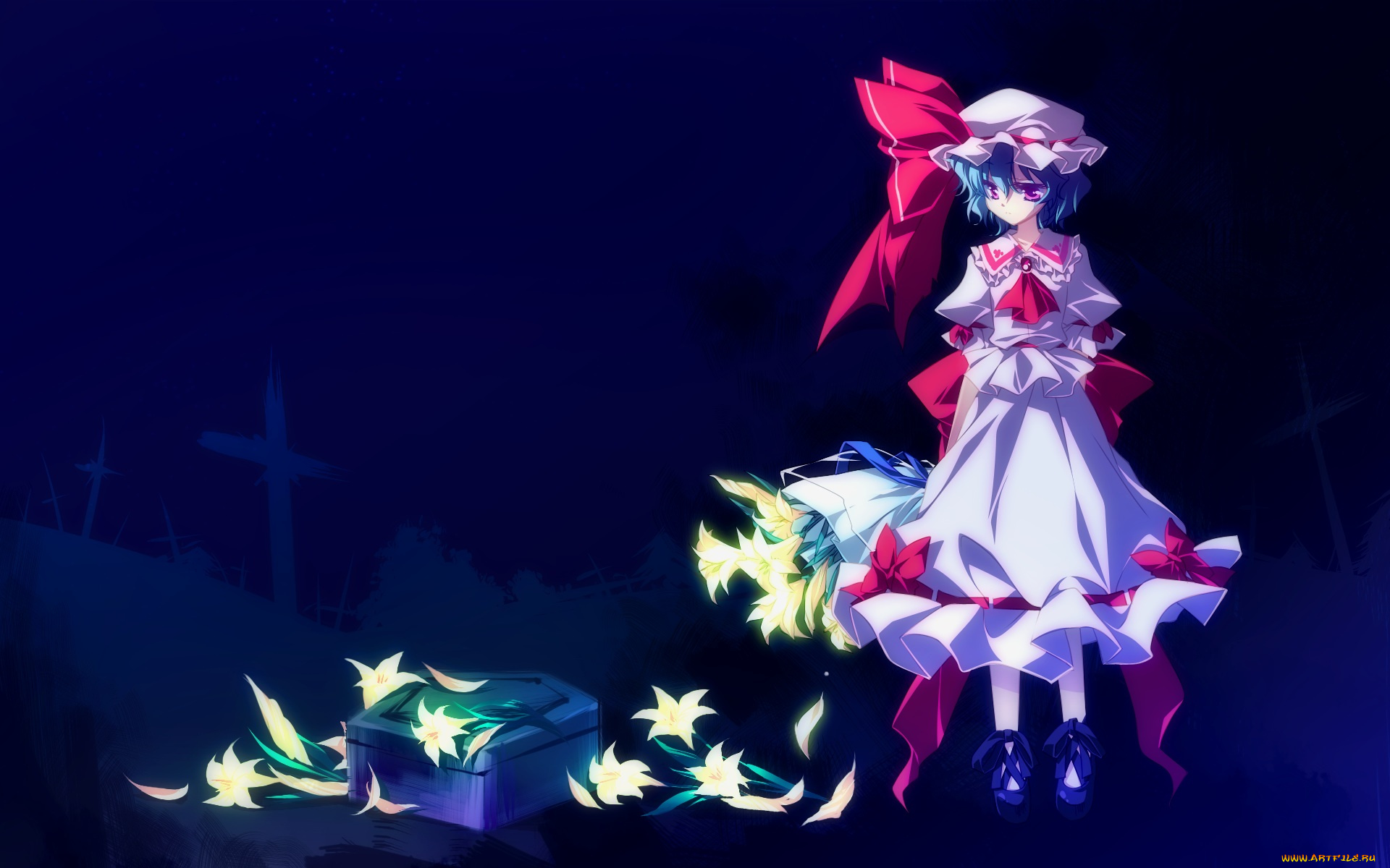 аниме, touhou, remilia, scarlet, motomiya, mitsuki, цветы, лилии, арт, девушка