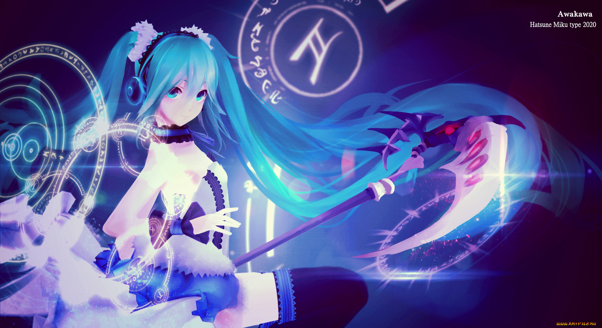 аниме, vocaloid, hatsune, miku, магия, арт, awakawayui, девушка, коса, оружие