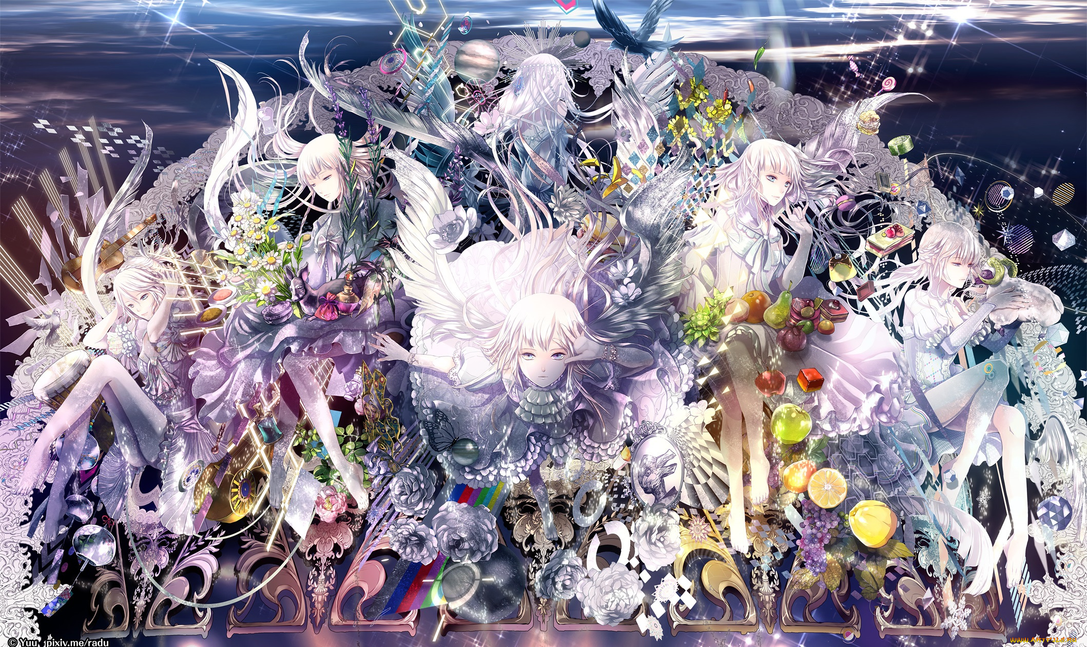 аниме, ангелы, , демоны, цветы, фрукты, девушки, арт, radu, блондинки