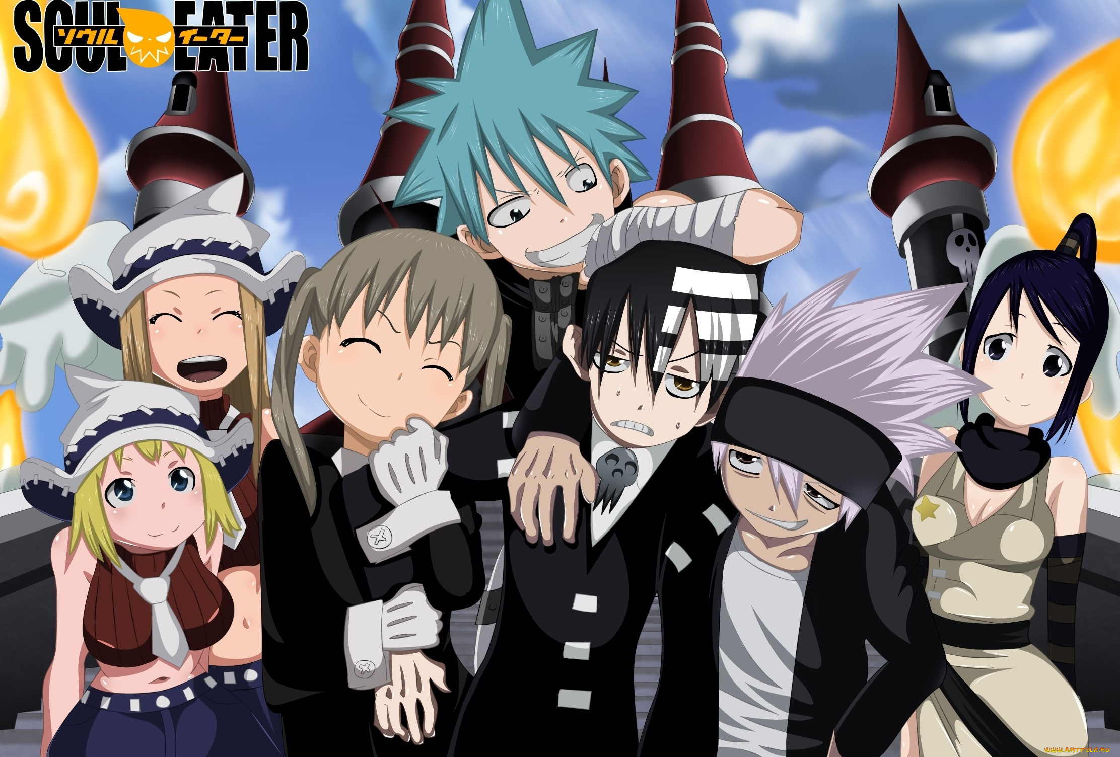 аниме, soul, eater, patricia, thompson, elizabeth, nakatsukasa, tsubaki, maka, albarn, black, star, soul, eater, evans, девушки, death, the, kid, взгляд, парни, фон