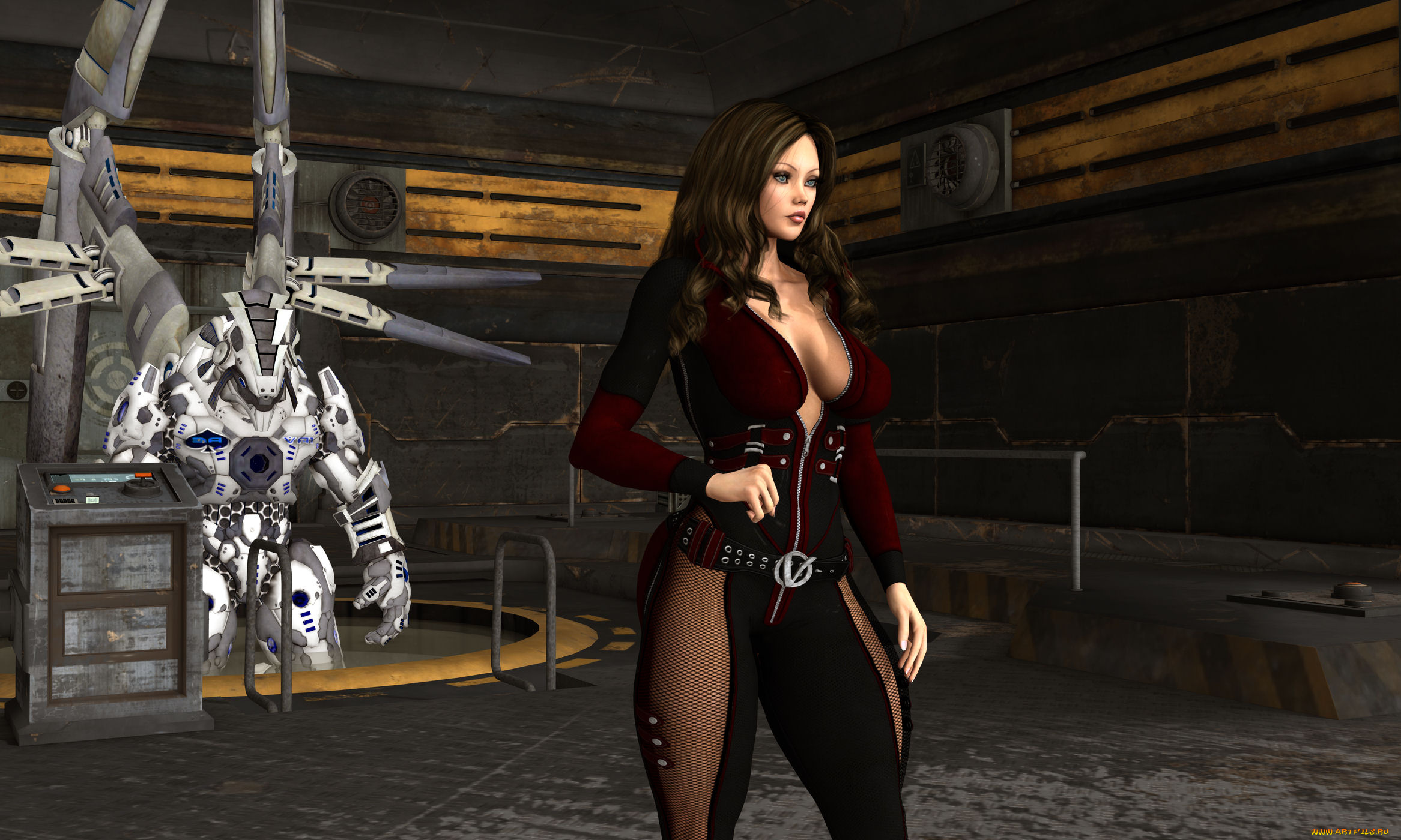 3д, графика, фантазия, , fantasy, девушка, взгляд, фон, робот