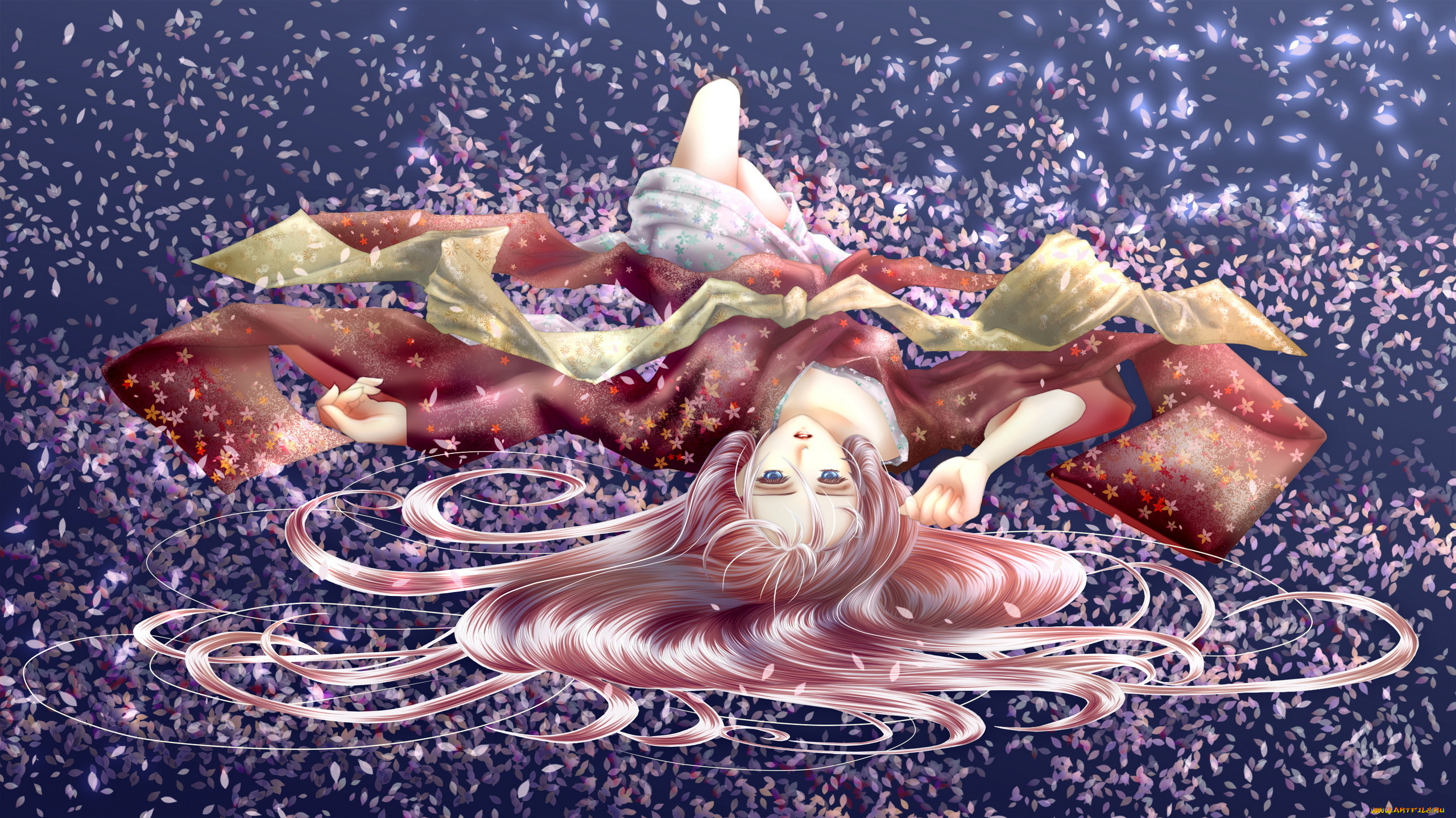 аниме, vocaloid, арт, megurine, luka, вокалоид, девушка, сакура, кимоно, лепестки