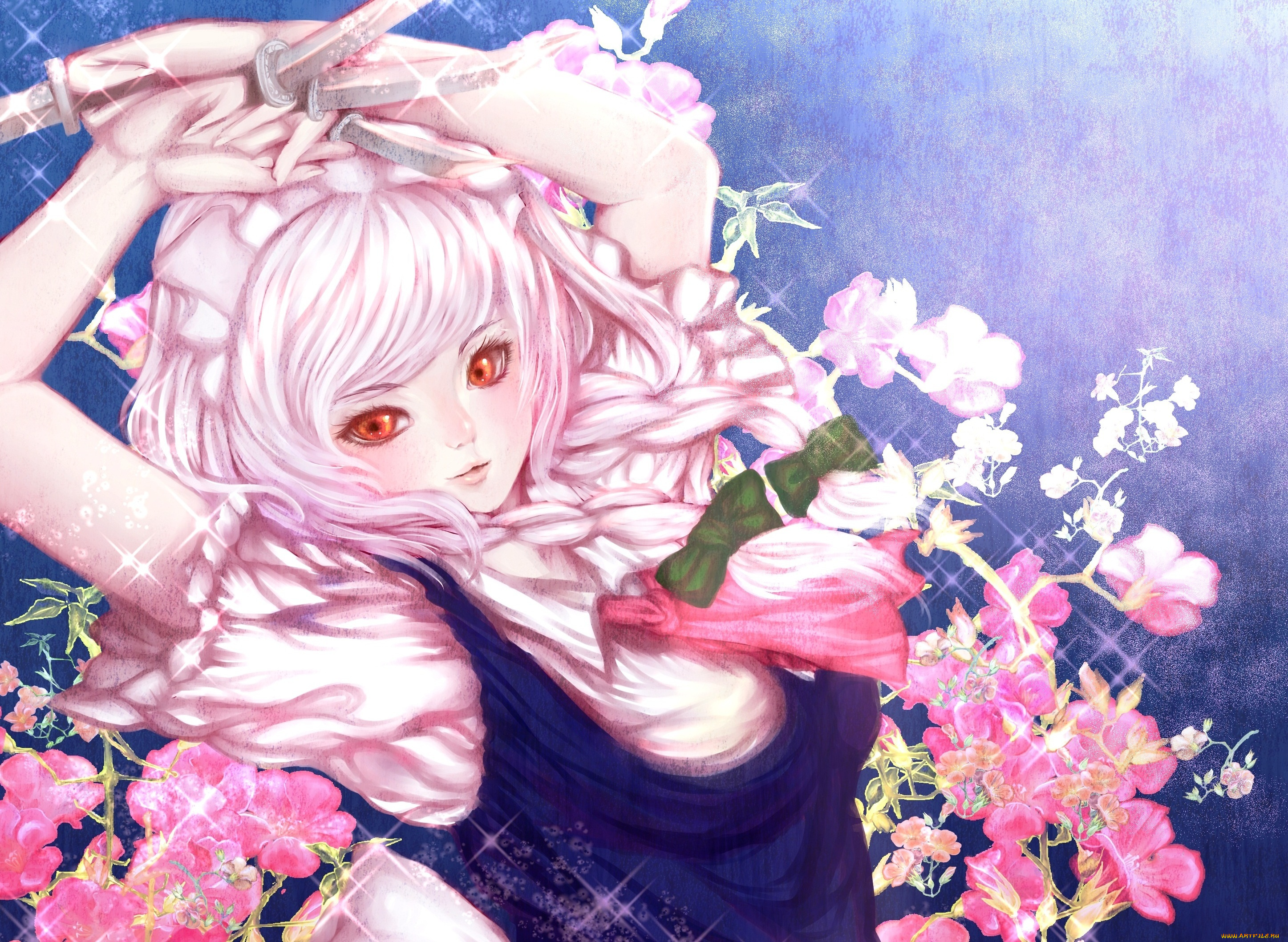 аниме, touhou, цветы, бантики, косички, оружие, ножи, девушка, izayoi, sakuya, apricot, арт