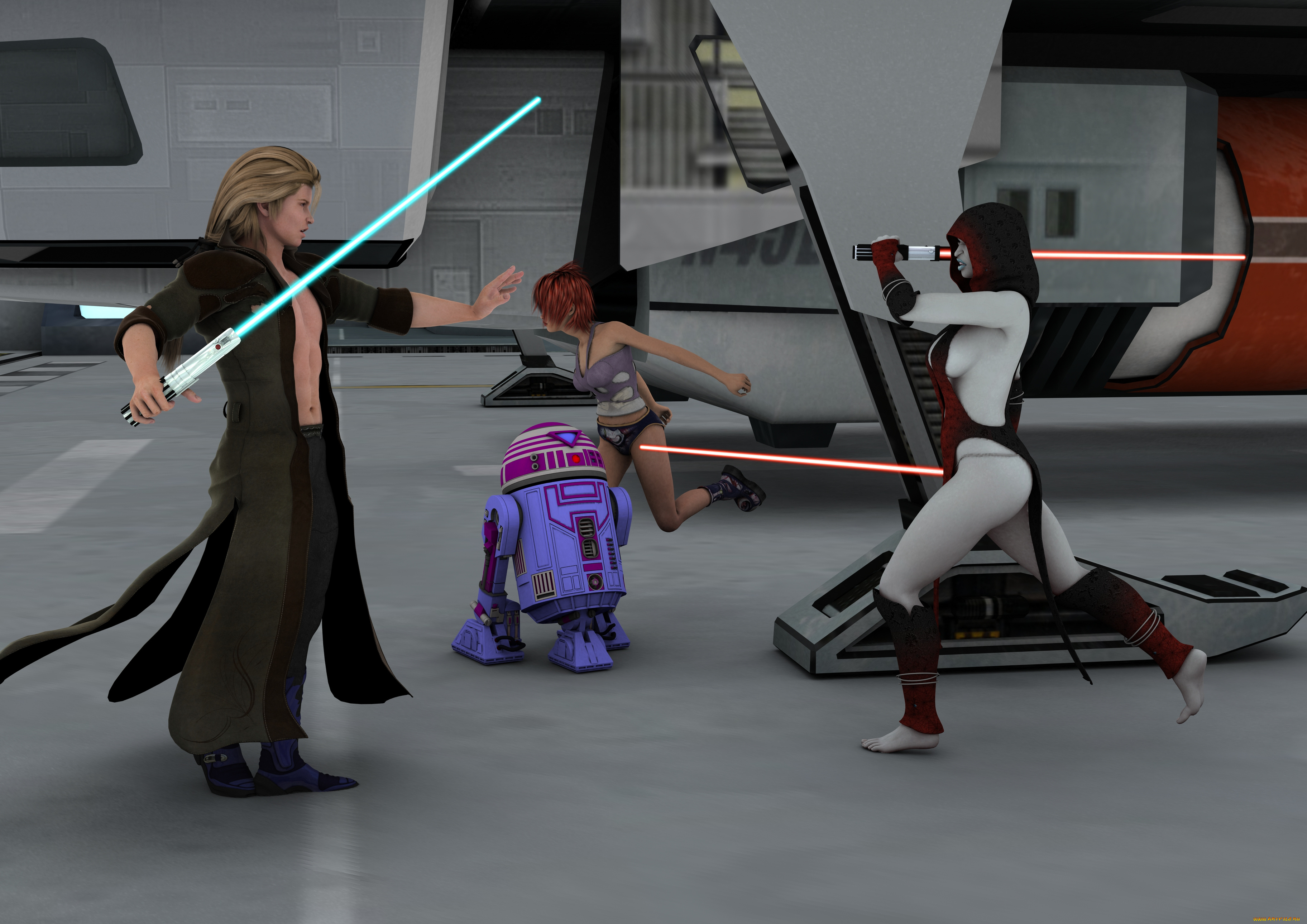 3д, графика, фантазия, , fantasy, девушки, взгляд, фон, оружие, парень, андроид