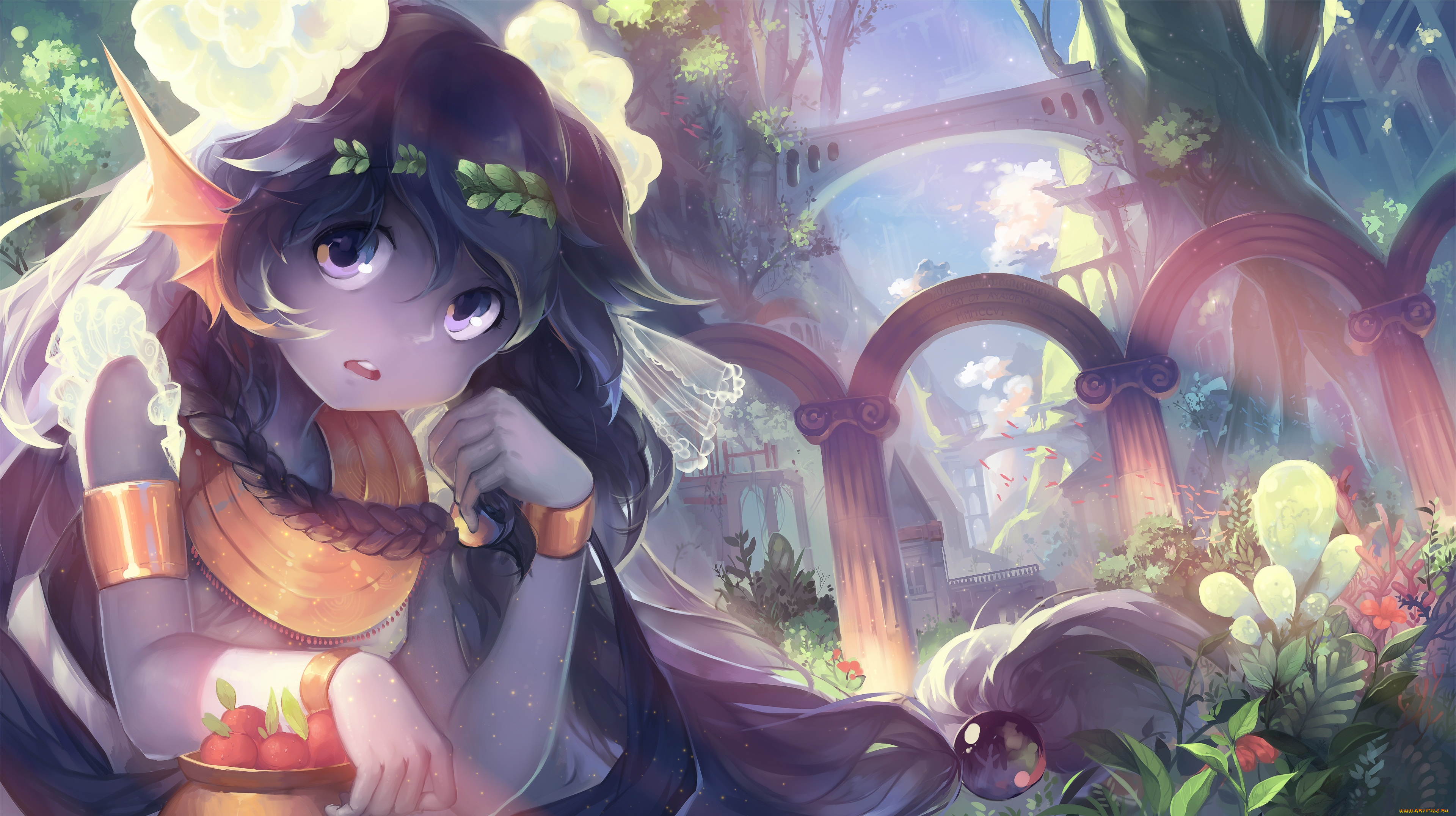 аниме, животные, , существа, природа, взгляд, существо, девочка, арт, ягоды, арки