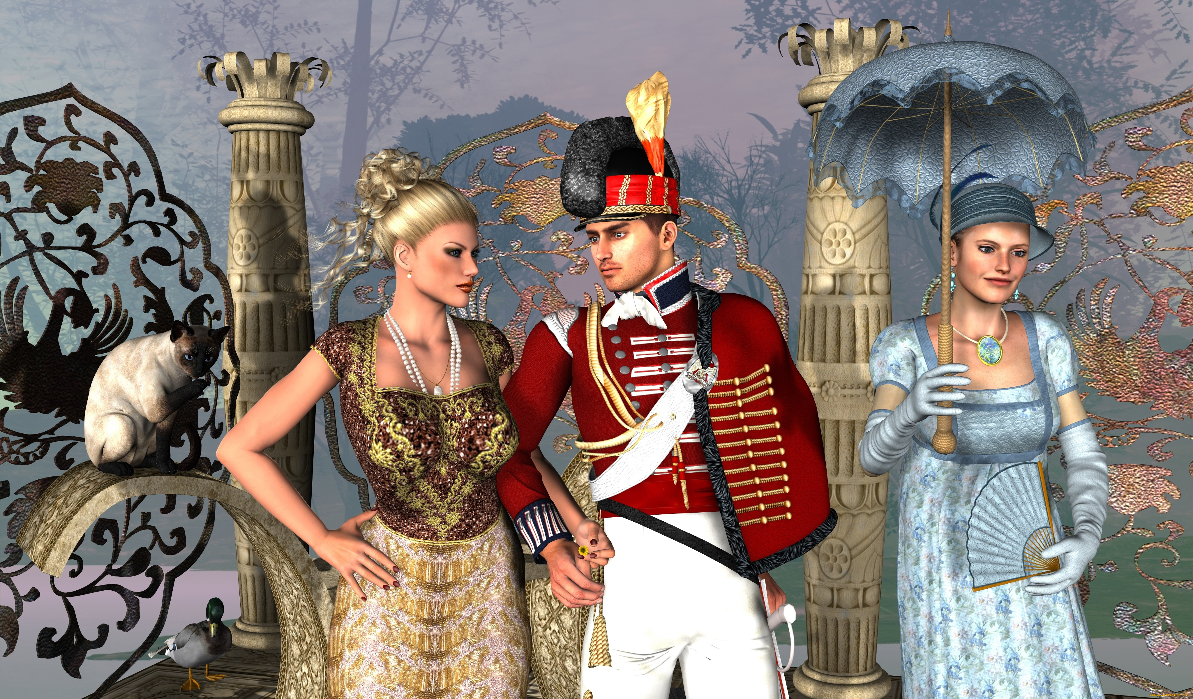 3д, графика, люди, , people, девушки, взгляд, фон, парень, кот, зонтик