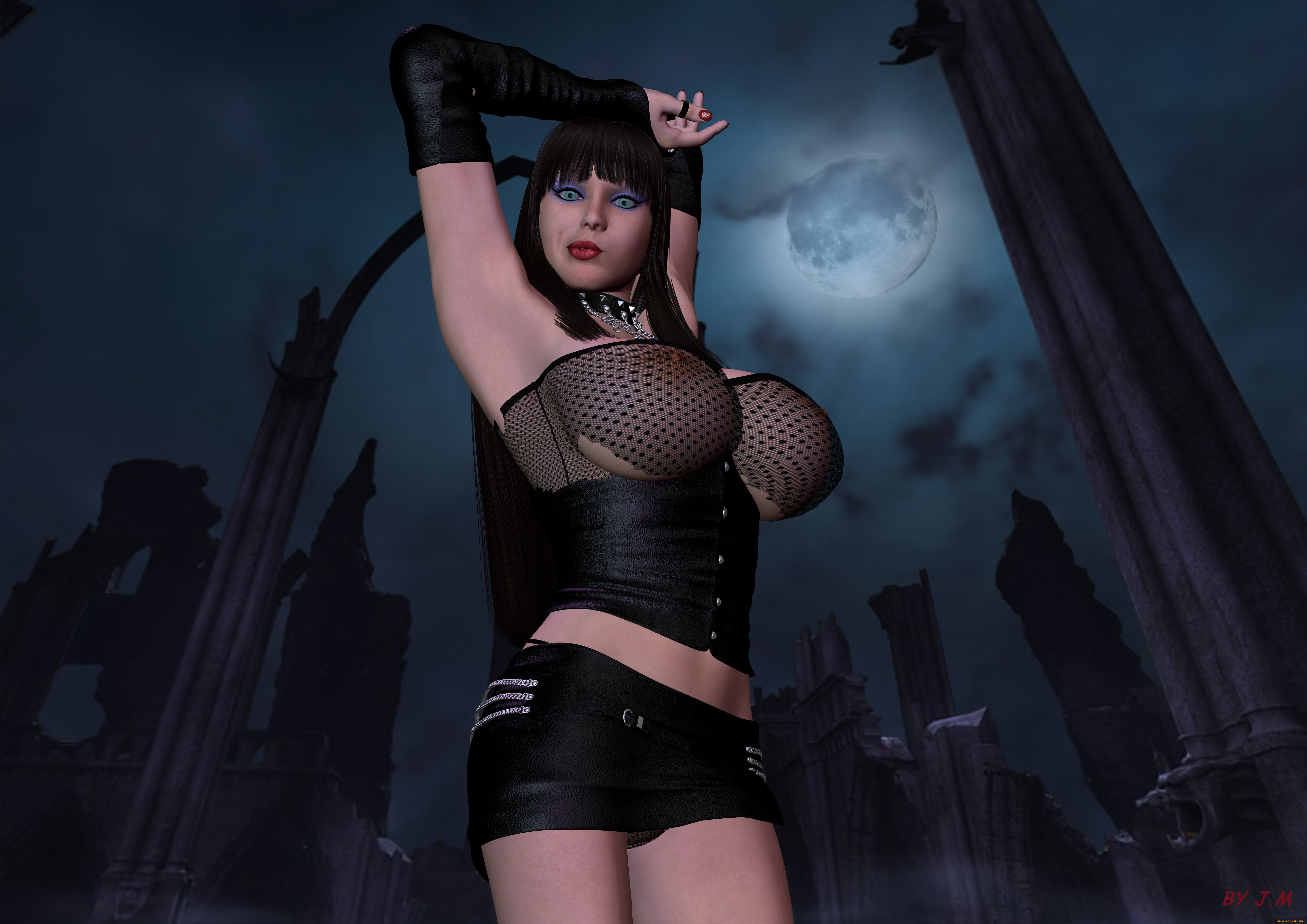 3д, графика, люди, , people, девушка, взгляд, фон, луна