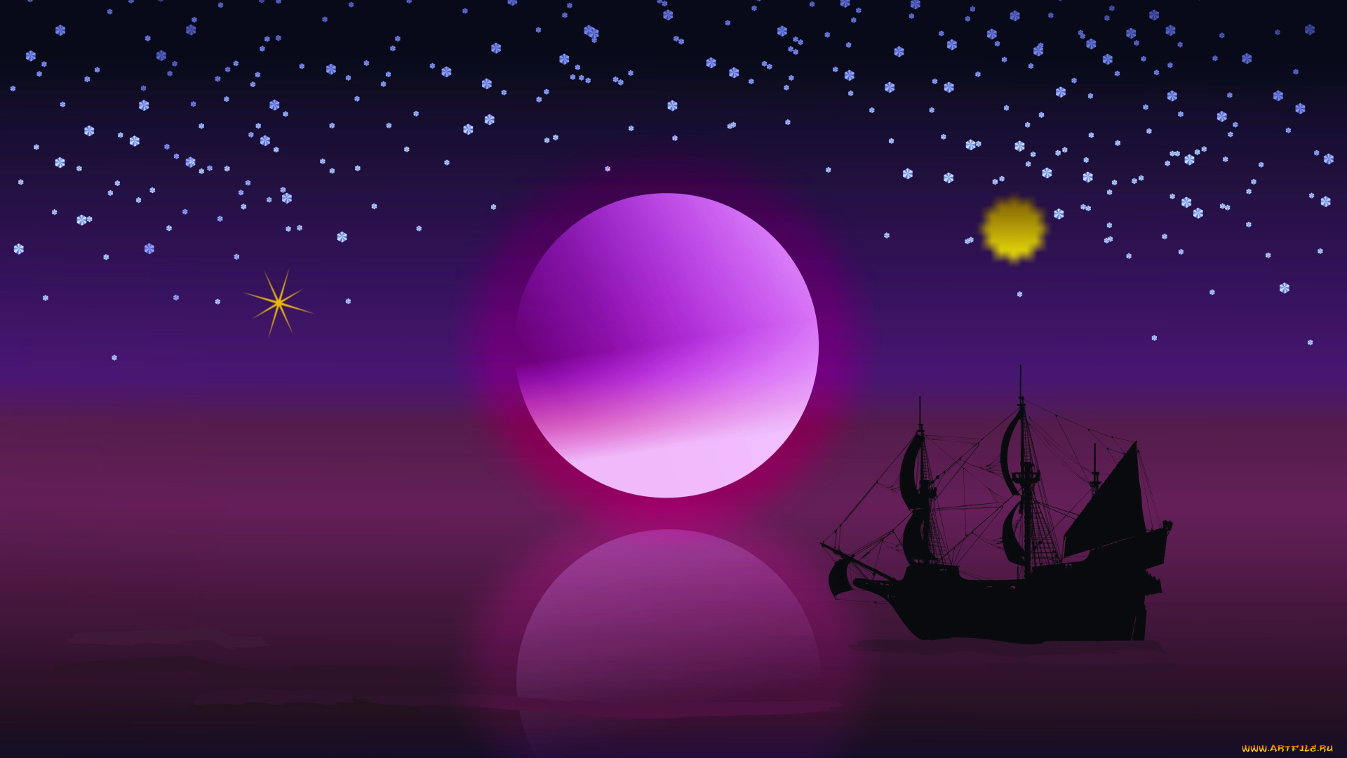3д, графика, море, , sea, звезды, корабль, луна, ночь
