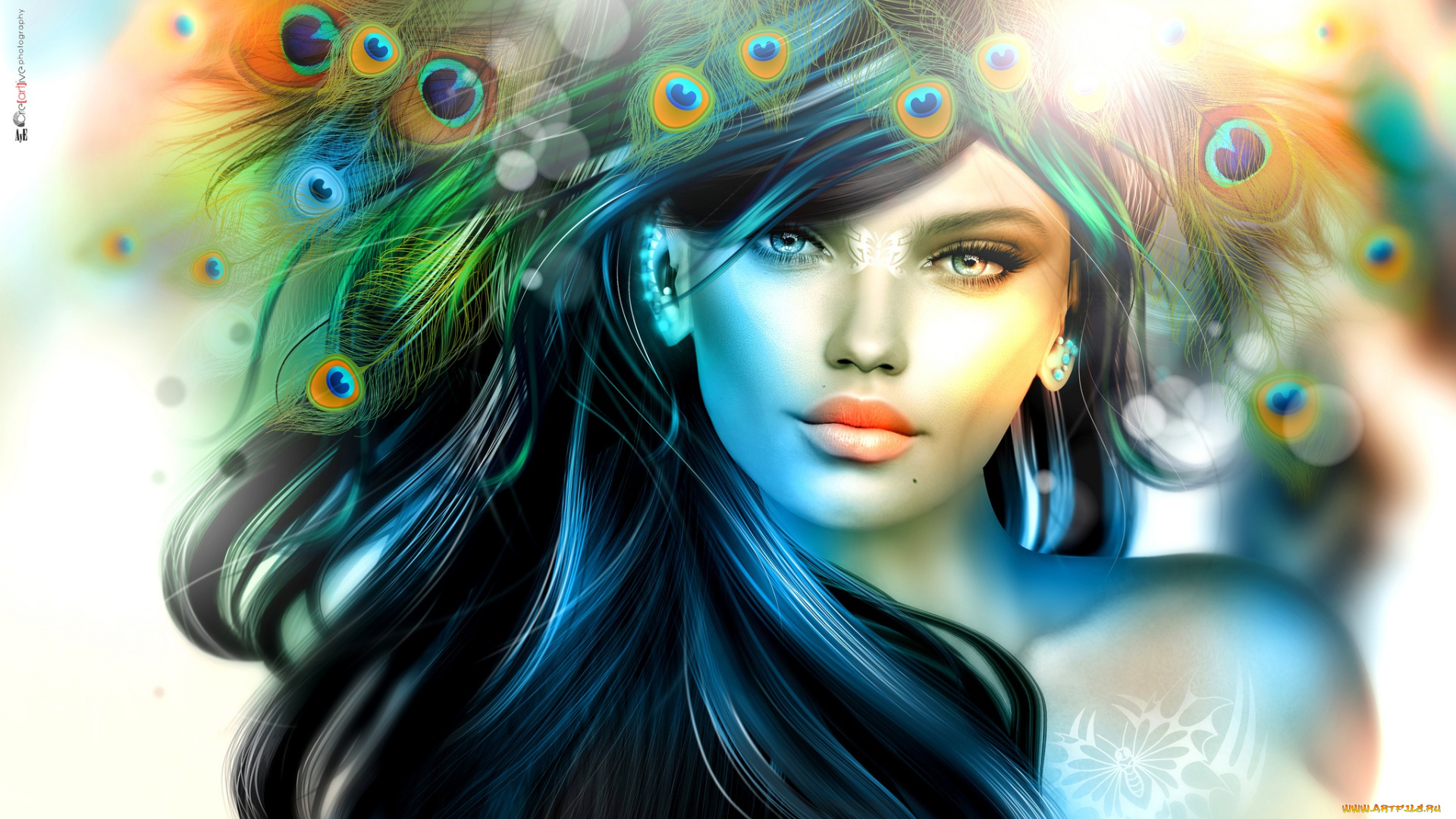 3д, графика, портрет, , portraits, девушка, волосы, перья