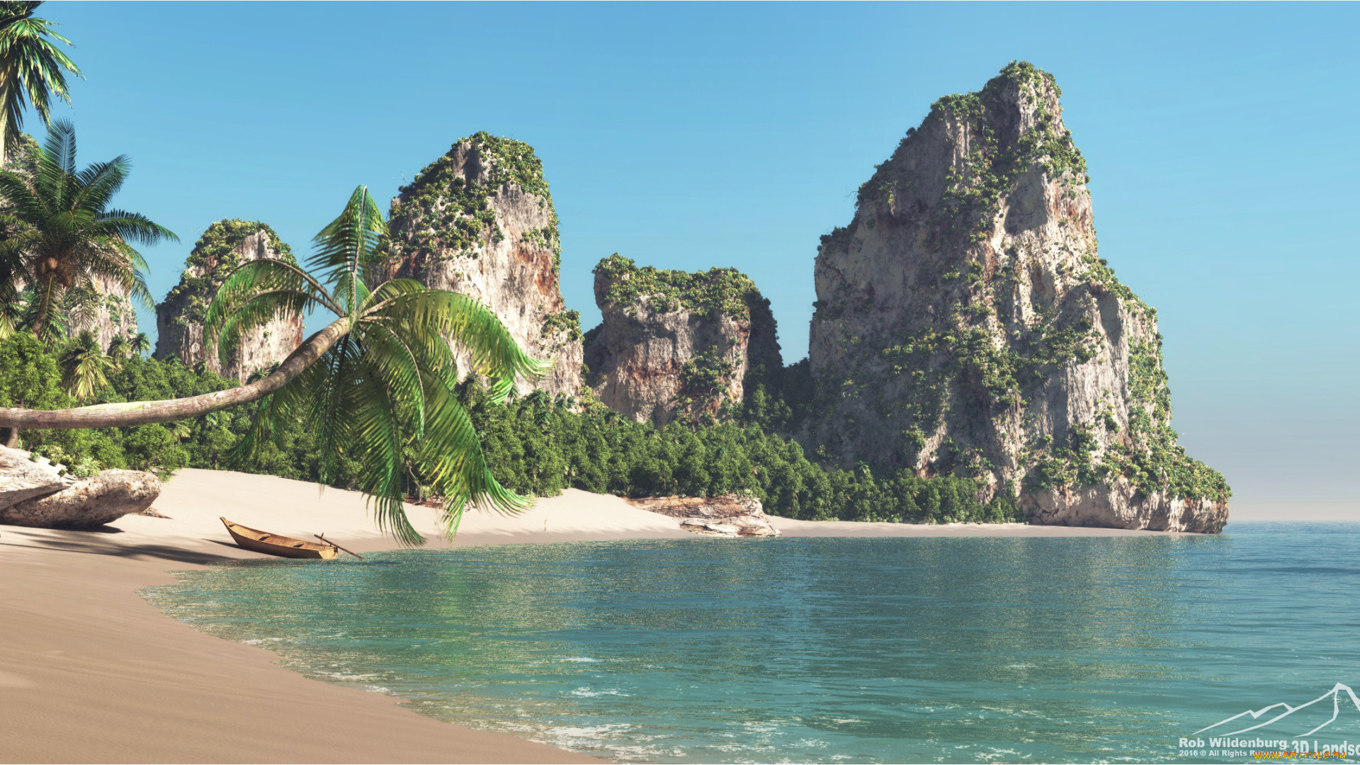 3д, графика, природа, , nature, лодка, море, пальмы, скалы