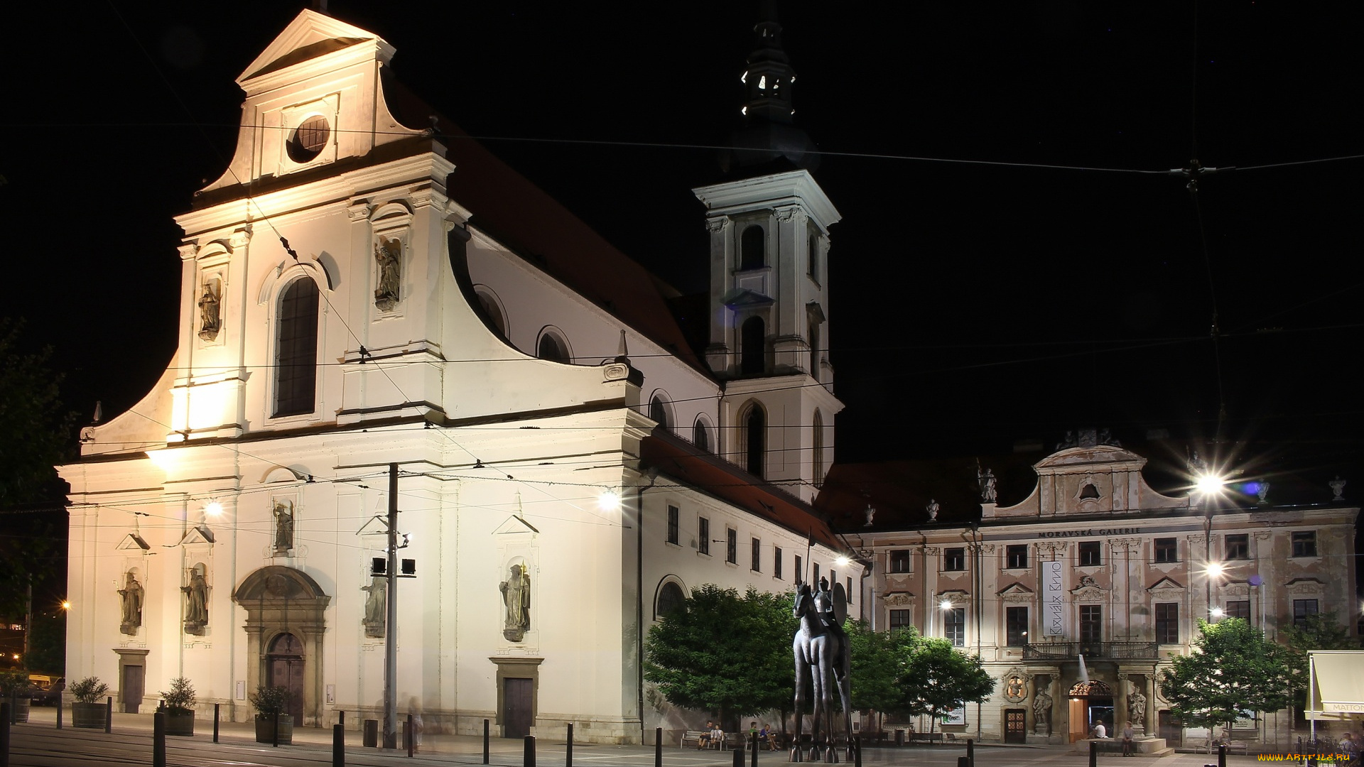 Чехия, города, -, улицы, , площади, , набережные, здания, дорога, фонари, ночь, скульптура