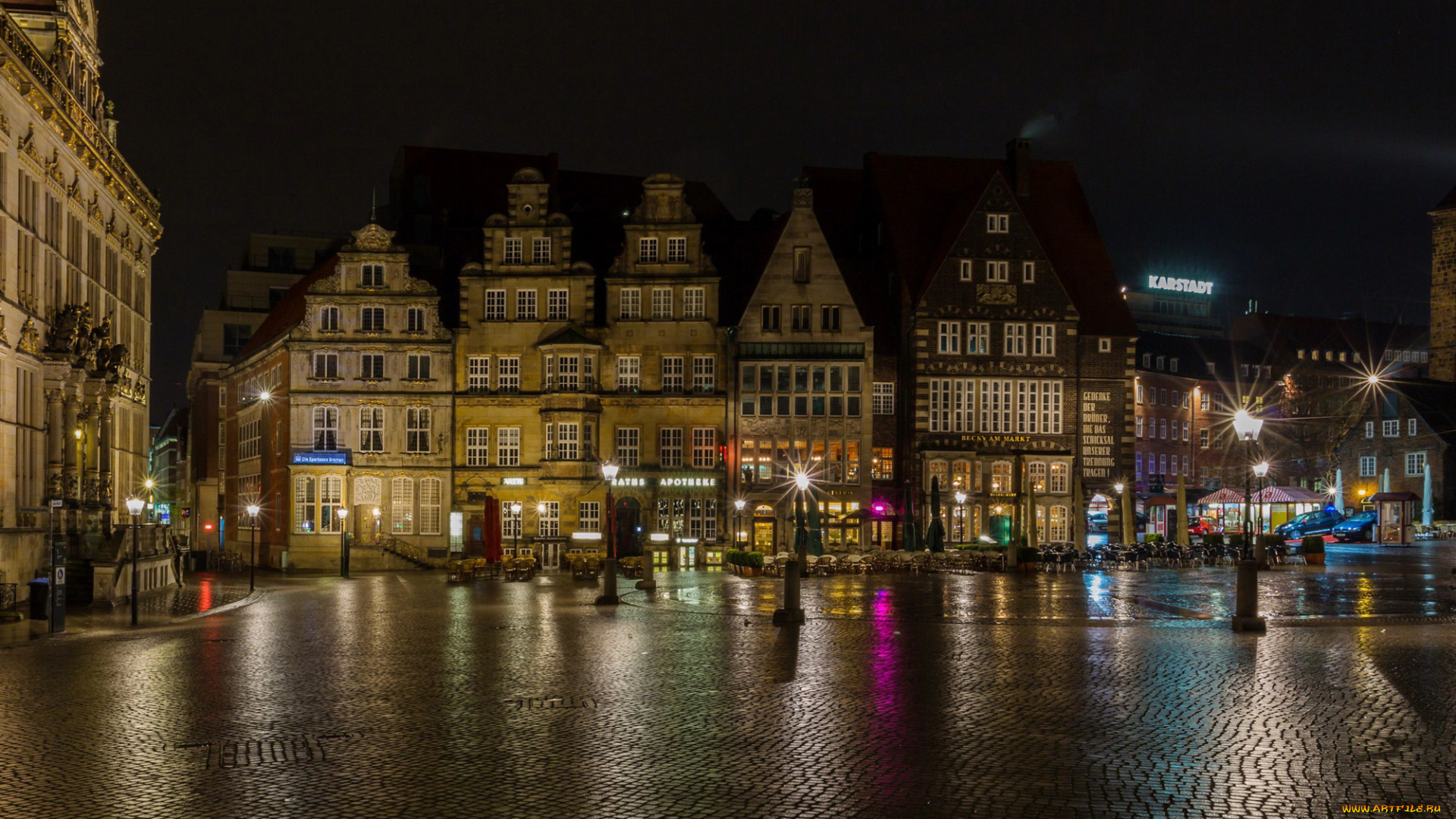 германия, города, -, огни, ночного, города, дорога, здания, фонари, ночь