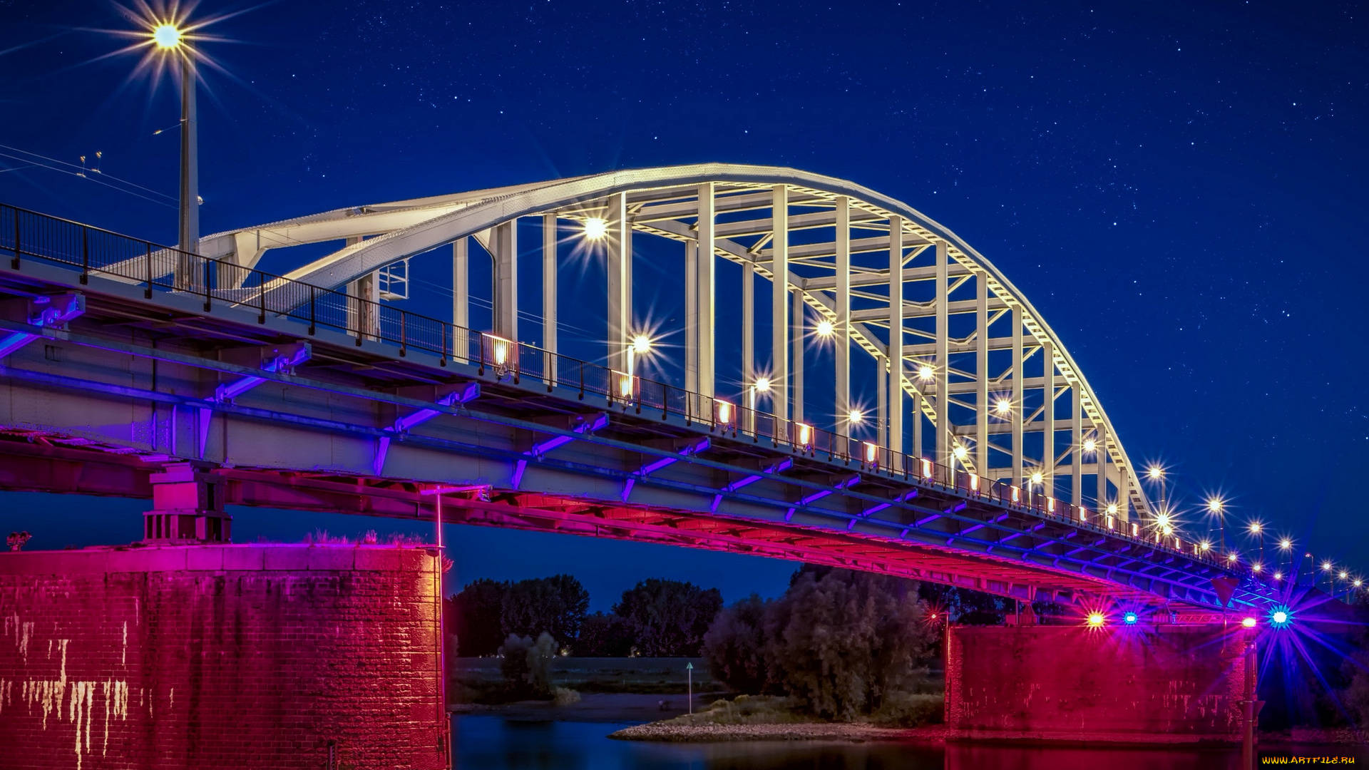 города, -, мосты, водоем, фонари, звезды, ночь