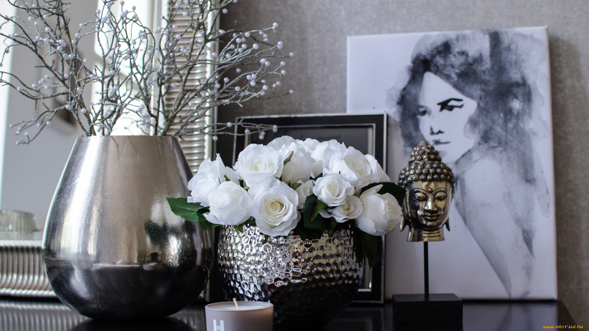 интерьер, декор, , отделка, , сервировка, ваза, цветы, розы, картина, свеча