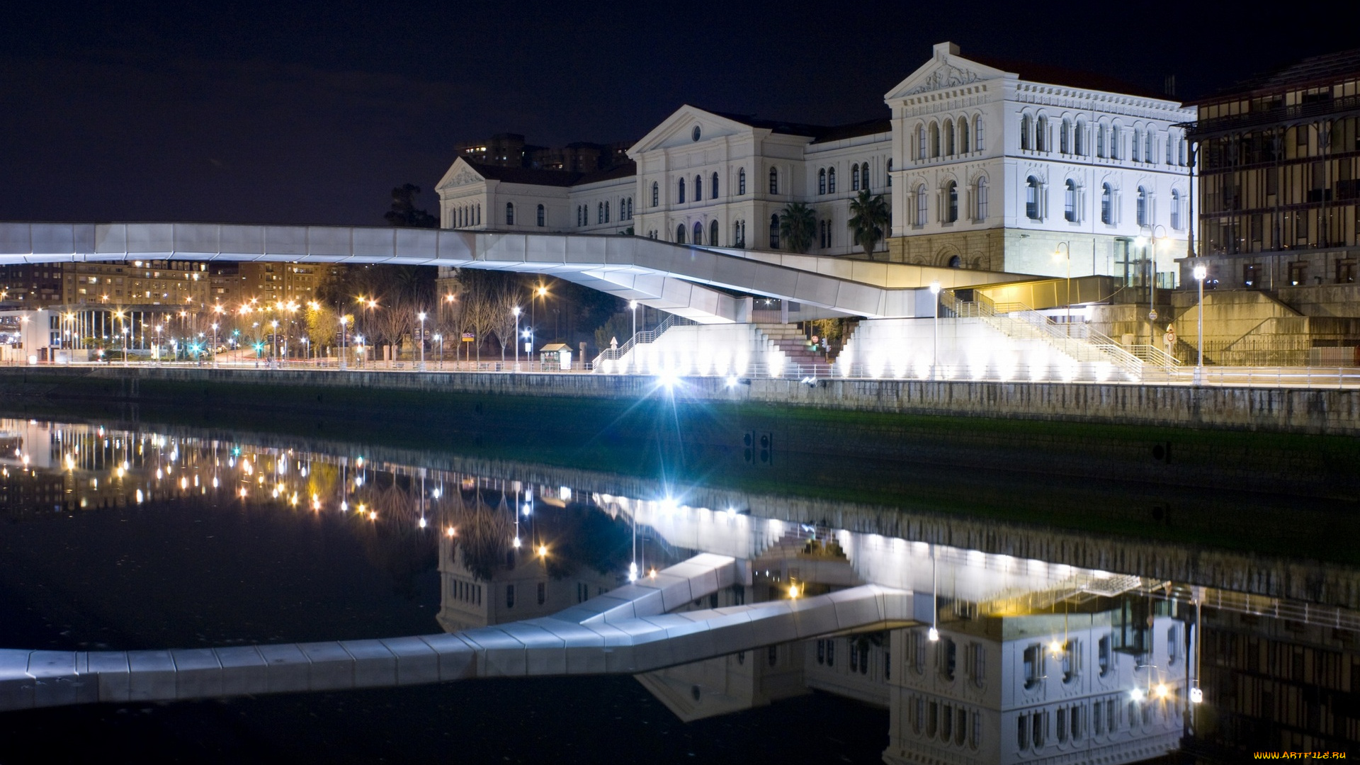 испания, города, -, огни, ночного, города, водоем, отражение, набережная, здания, фонари, мост